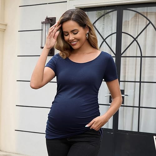 Miniatura 9 de GINKANA Camisetas de maternidad de manga corta con diseño floral y lados fruncidos blusas de embarazo ropa casual para mamá A-white With Red Flower