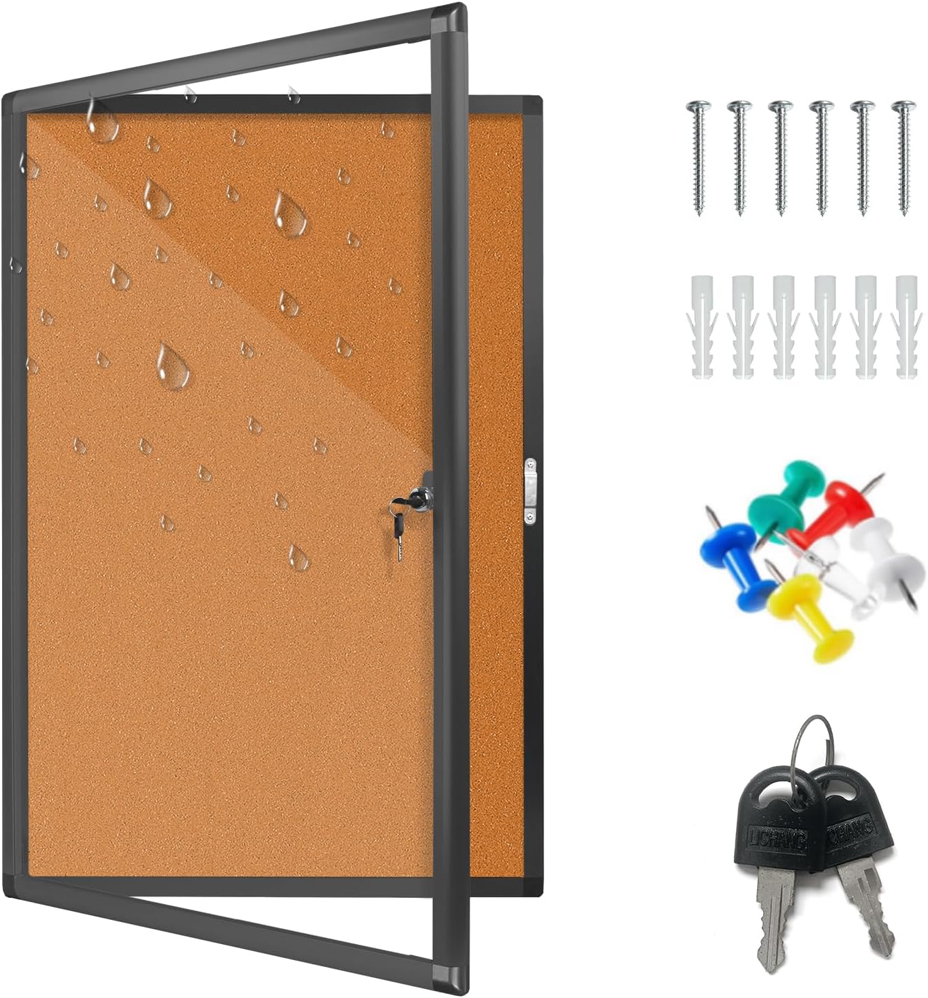 outdoor enclosed bulletin board weatherproof, 36"x24" lockable cork noticeboard with locking door, wall-mounted display case for school, office - secure & durable design black frame & cork