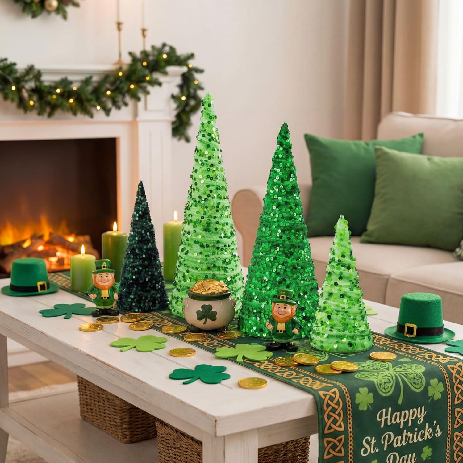 Beeveer 6 Pcs Glitter St. Patrick's Day Cone Tree Green St. Patrick's Day Table Decorations Table Centerpiece Tiered Tray for Shelf Room Fireplace Indoor Home Kitchen Decor Farmhouse Party Decoration