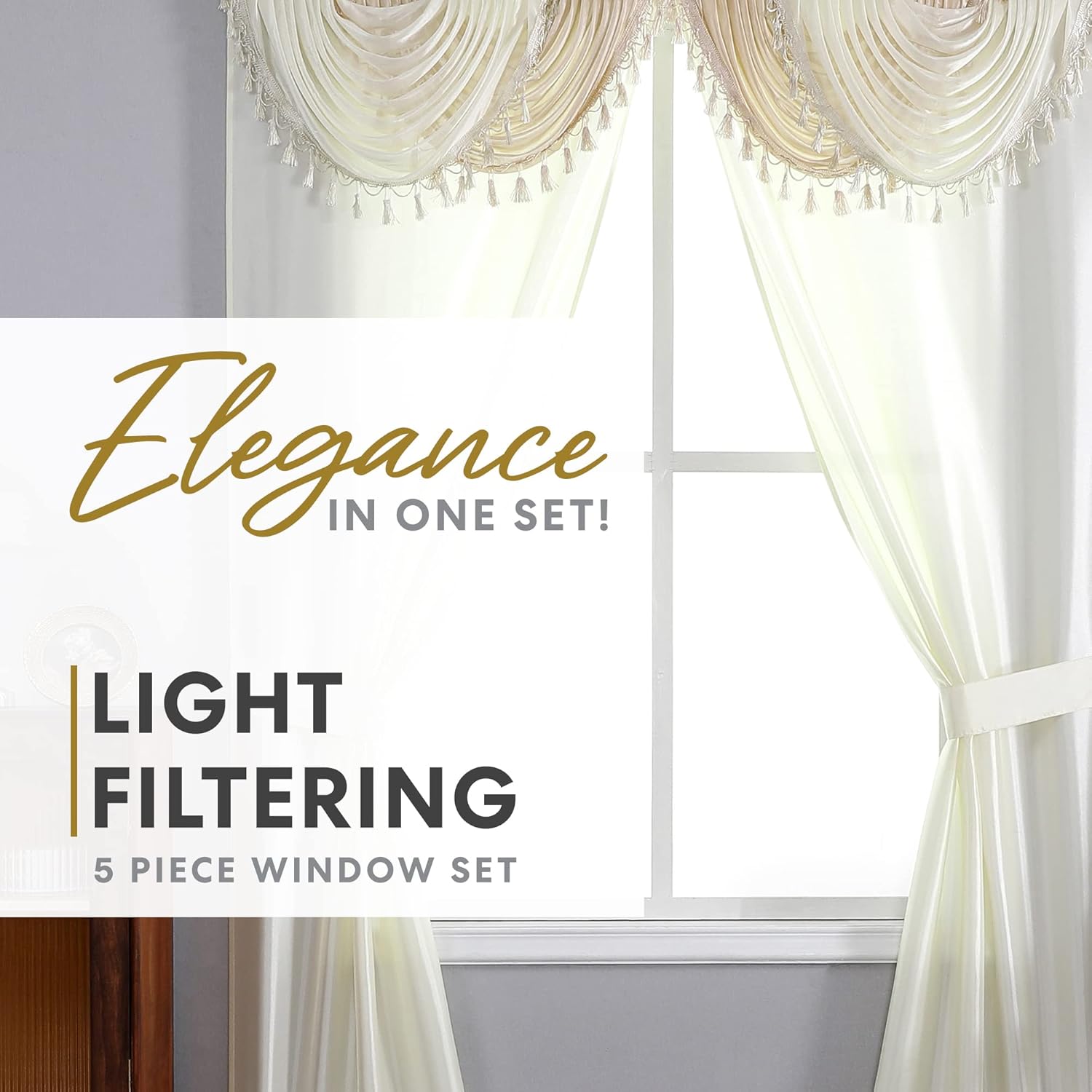 Regal Home Collections Amore Curtains 5-Piece Window Curtain Set - 54-Inch W x63-Inch L Panels with Attached Valance and 2 Tiebacks - Bedroom Curtains and Living Room Curtains (Beige)