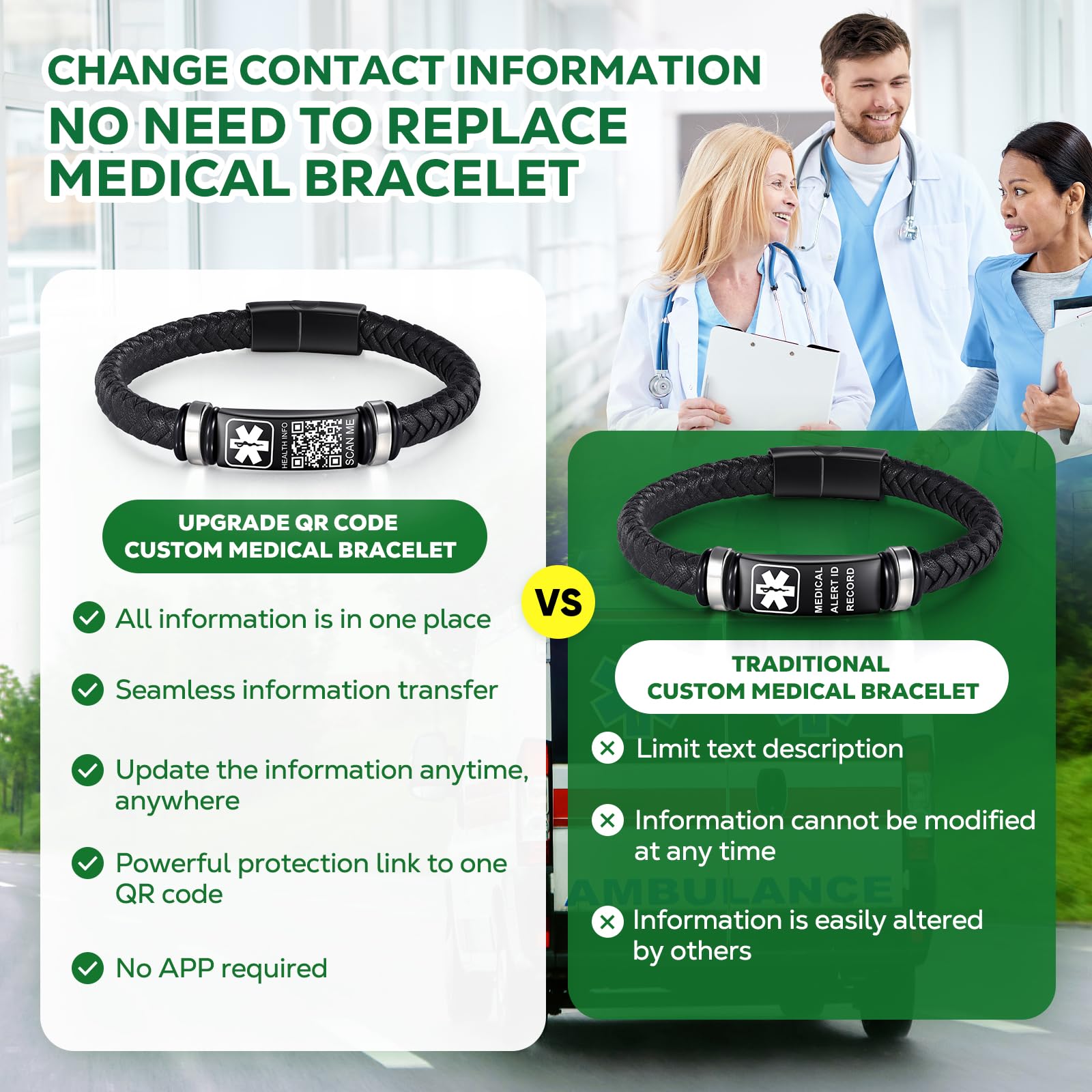 Verbessertes medizinisches Armband für Herren mit QR-Code, medizinische Notfall-ID-Armbänder – 17,8 cm – 20,3 cm, gewebtes Vintage-Lederarmband, Schnalle, mehr Platz sparen,