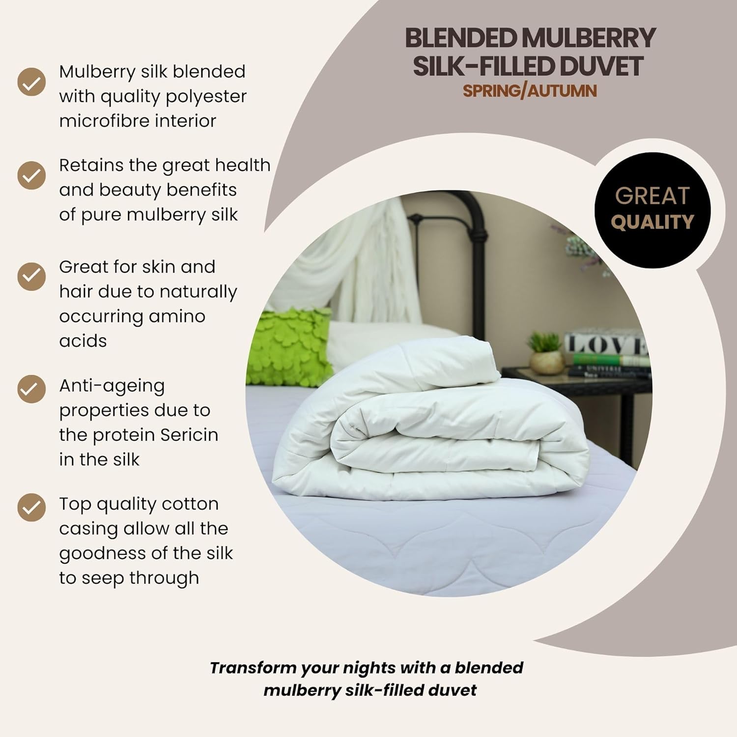 Silk Bedding Direct. Mulberry Silk/Microfiber (Blended) Filled Duvet Insert. Spring/Fall (9 Tog). King, 104" x 90". A Hypoallergenic Haven, for Cleanliness and Comfort Every Night.