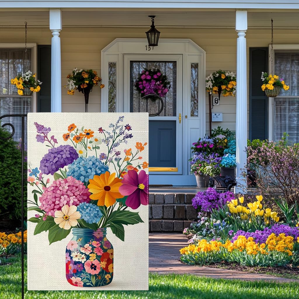 Spring Summer Colorful Floral Mason Jar Garden Flag 12x18 Inch Double Sided Hydrangea Flower Yard Outdoor Flag House Holiday Outside Decoration - Image 3