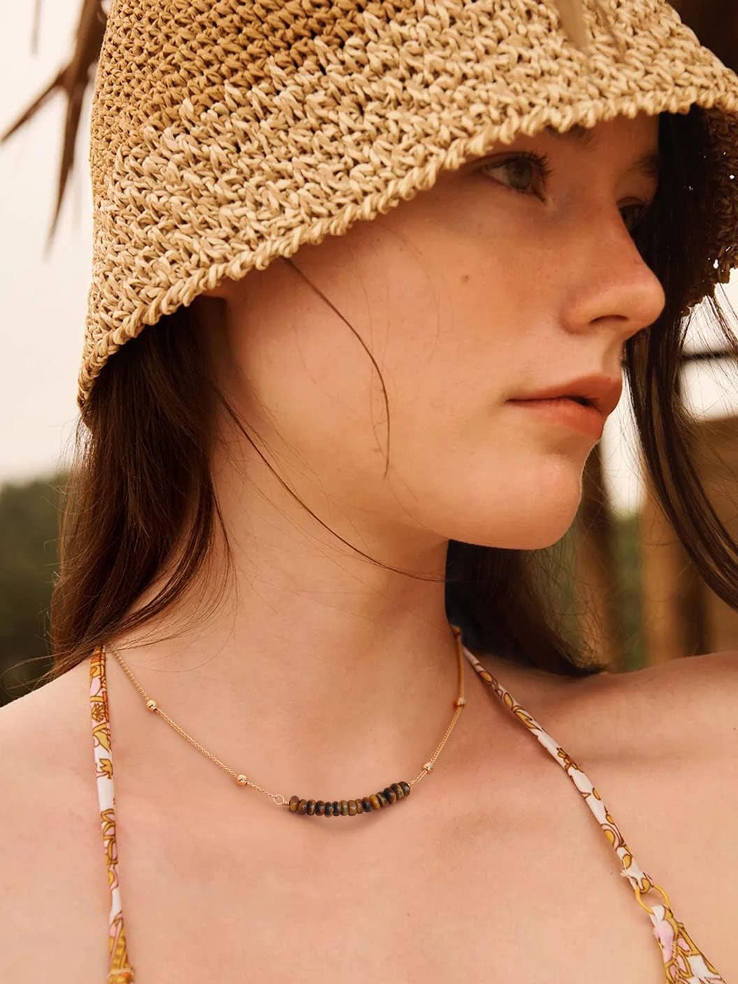 PERNNLA PEARL 18K Gold Plated Satellite Beaded Curb Ball Chain Choker Synthetic Turquoise Garnet Beads Bar Necklace Handmade Pendant Jewelry Adjustable for Women 16”+ 2” - Image 3