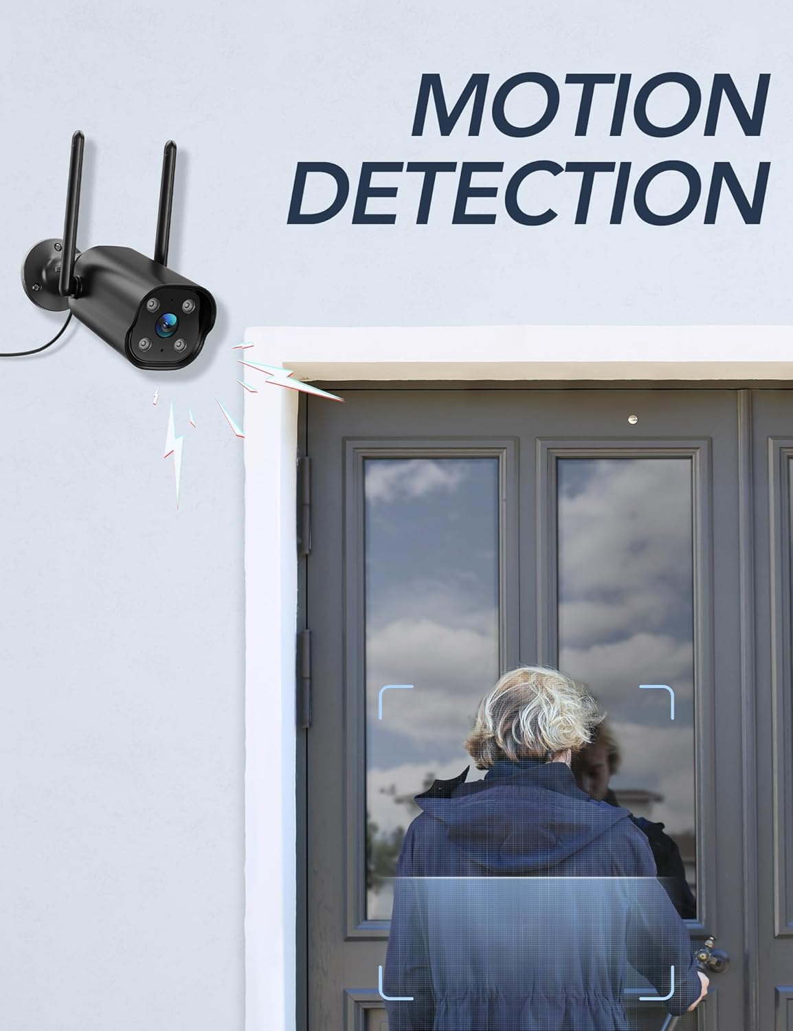 GNCC outdoor camera detecting a person approaching a door, with a blue detection zone overlay.