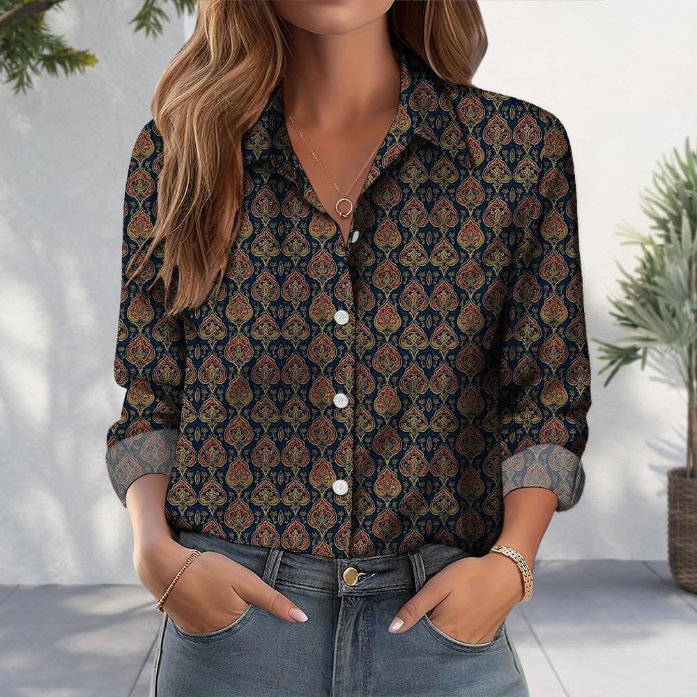 Womens Button Down Shirts Vintage Graphic Boho Floral Printed Long Sleeve Classic Collared Business Tops for Women - Image 2