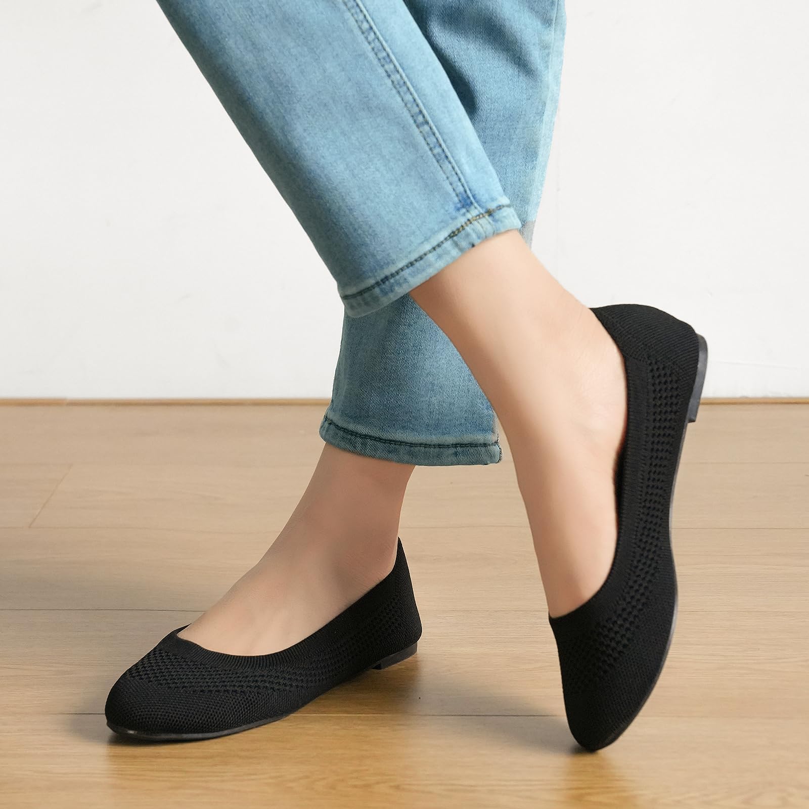 Damen Ballerina Flache Schuhe Komfort Slip On Klassische Rundkappe Pumps Schuhe Knit Faltbare Ballerinas Elegant Bequem Sommerschuhe Walking Flats für Frauen