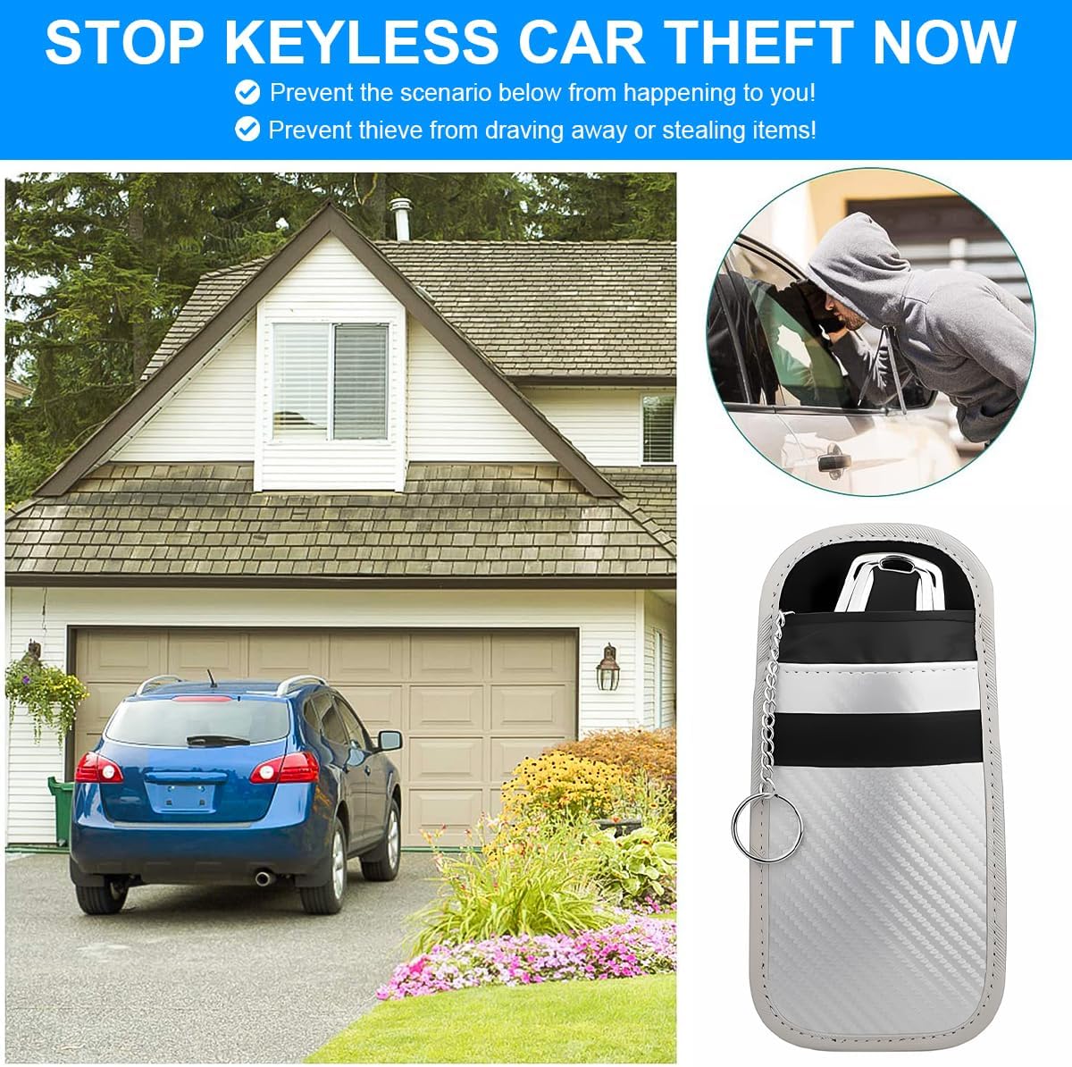 2PCS Car Faraday Bags for Key Fob, Carbon Firber Vehicle RFID Signal Blocking Key Fob Protector, Anti-Theft Auto Key Signal Shielding Protective Pouch, Universal for SUV, Sedan, Truck (Silver)