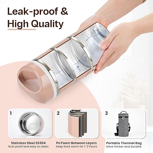 Miniatura 4 de Lille Home Recipientes apilables de acero inoxidable para almuerzo, capacidad de 43 onzas, 3 capas a prueba de fugas, caja Bento para adultos,