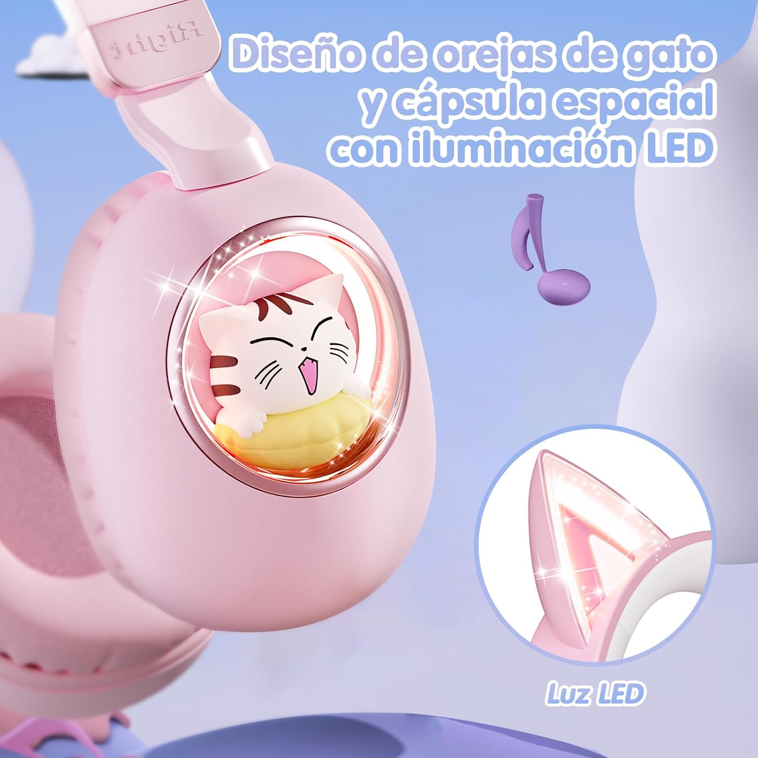 sunvito Kids Headphones Bluetooth 5.4 - Cat Ear LED Light Up Noise Cancelling Wireless Headphones with Mic, 85dB Volume Limited, Wired & Wireless Mode for Travel/School/iPad
