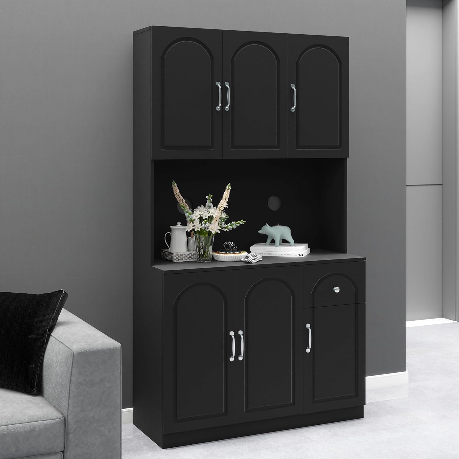 71" Kitchen Pantry Storage Cabinet with Microwave Oven Countertop, Freestanding Hutch with Adjustable Shelves, Kitchen Cabinetry with Elegant Arch Design (Black)