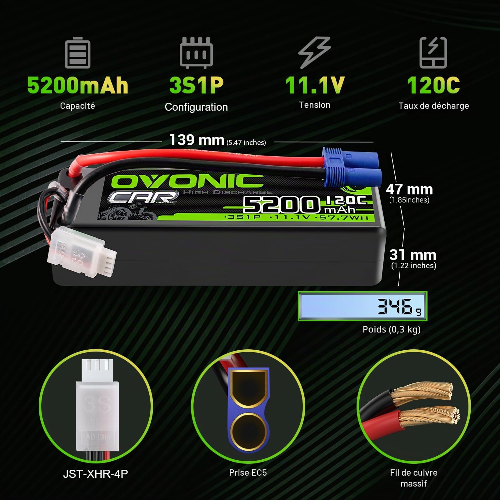 OVONIC Lot de 2 batteries Lipo 3S 11,1 V 5200 mAh 120 C avec fiche EC5 pour voiture RC camion truggy quadcopter hélicoptère camion bateau avion