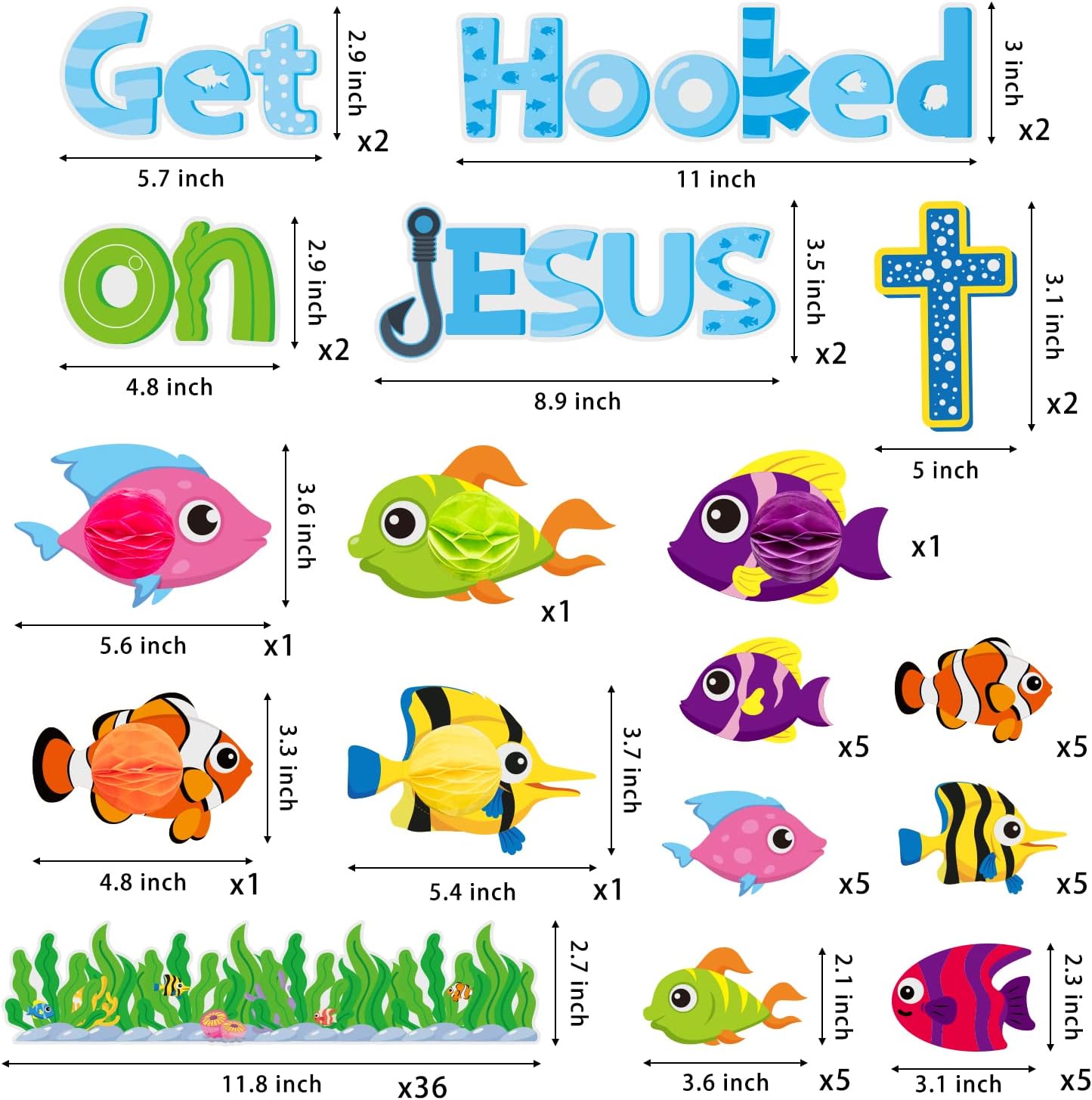 BeYumi 81Pcs Get Hooked on Jesus Christian Bulletin Board Set Under The Sea Tropical Fish Honeycomb Cutouts Name Tags Trim Borders Summer Back to School Faith Religious Classroom Sunday School Decor
