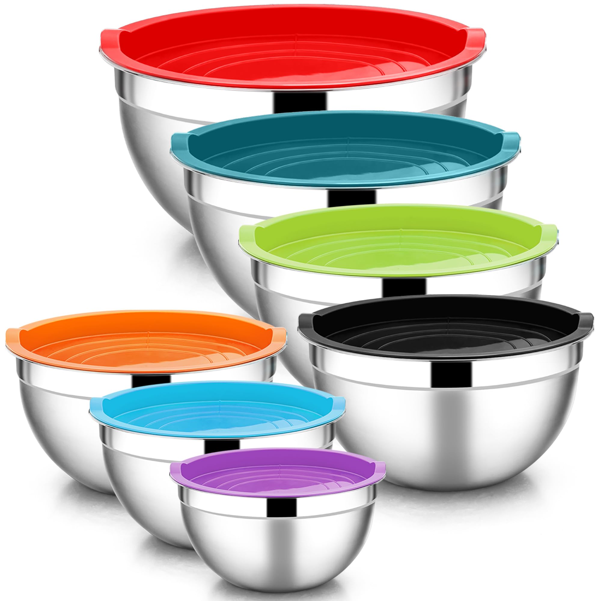 HaWare Juego de 7 cuencos para mezclar, de acero inoxidable, apilables, con tapa hermética para hornear, cocinar, preparar, apto para lavavajillas, 6,5, 4,5, 3, 2,5, 1,5, 1,2 y 0,7 l, multicolor