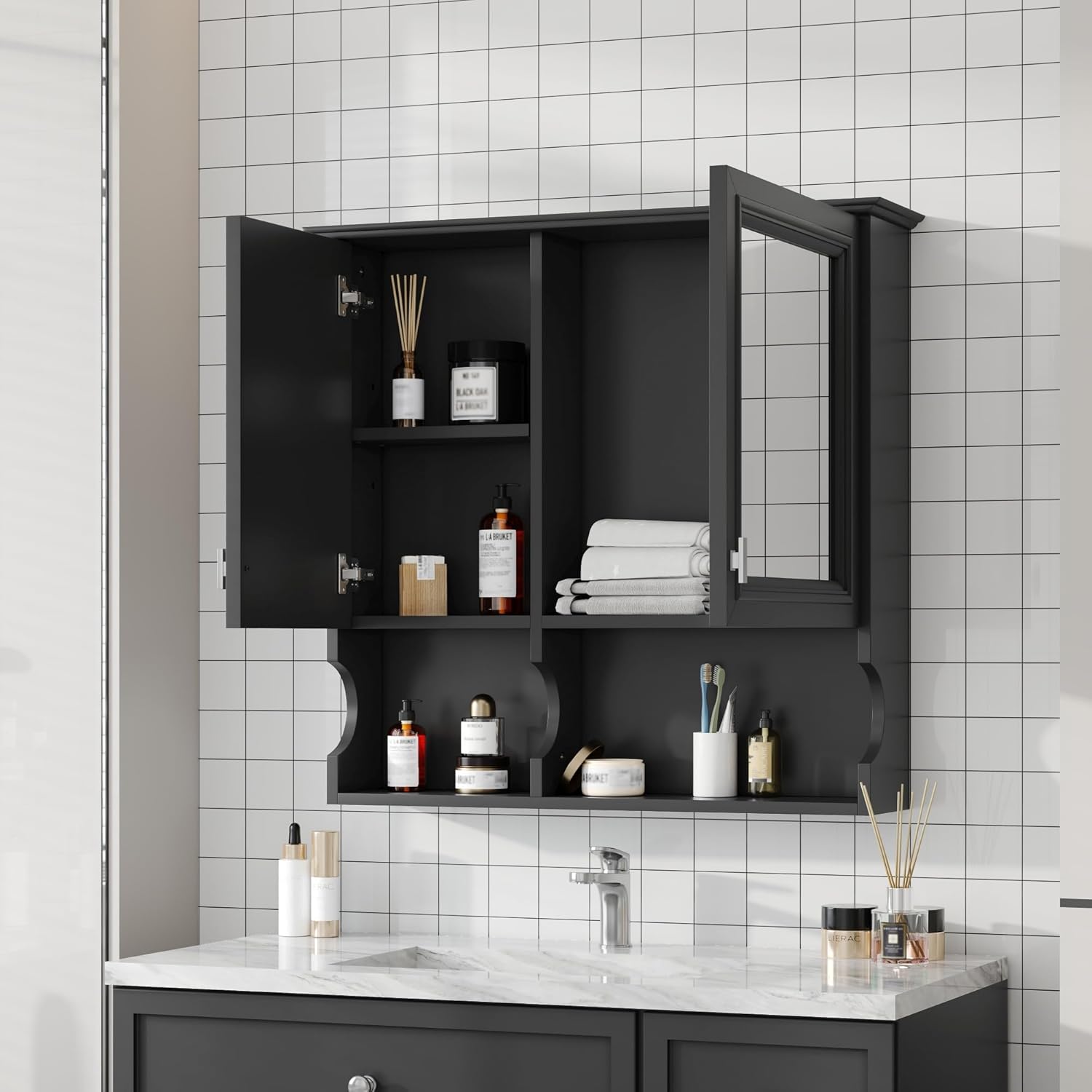 Wall-Mounted Bathroom Mirror Cabinet with Adjustable Shelves & Soft-Close Doors - Over-Toilet Storage Organizer with High-Definition Mirror and Open Shelving for Essentials (Black)