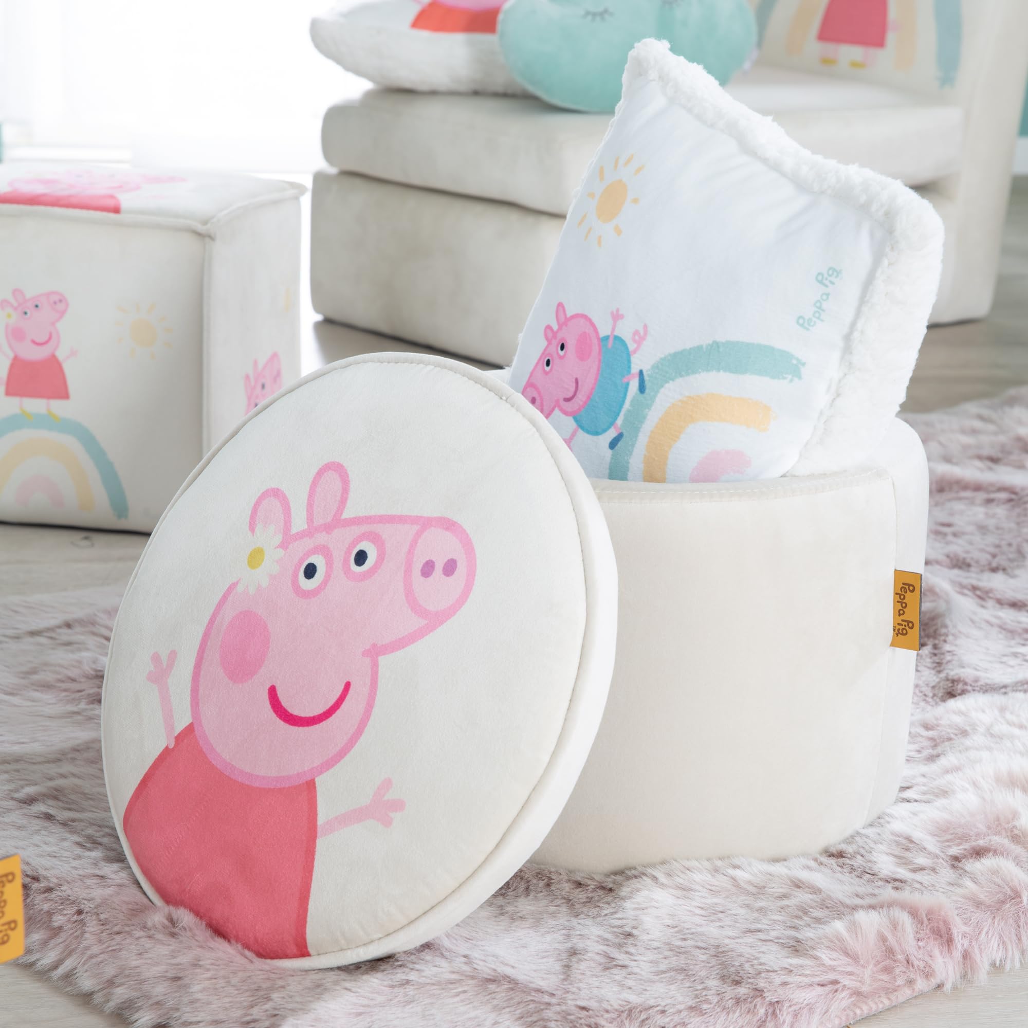 roba Pouf Coffre Bébé Rond Peppa Pig en Velours - Boîte de Rangement pour Enfant dès 18 Mois - Couvercle Amovible - Repose-Pieds Rembourré - Nettoyage Facile - Beige / Motif Truie