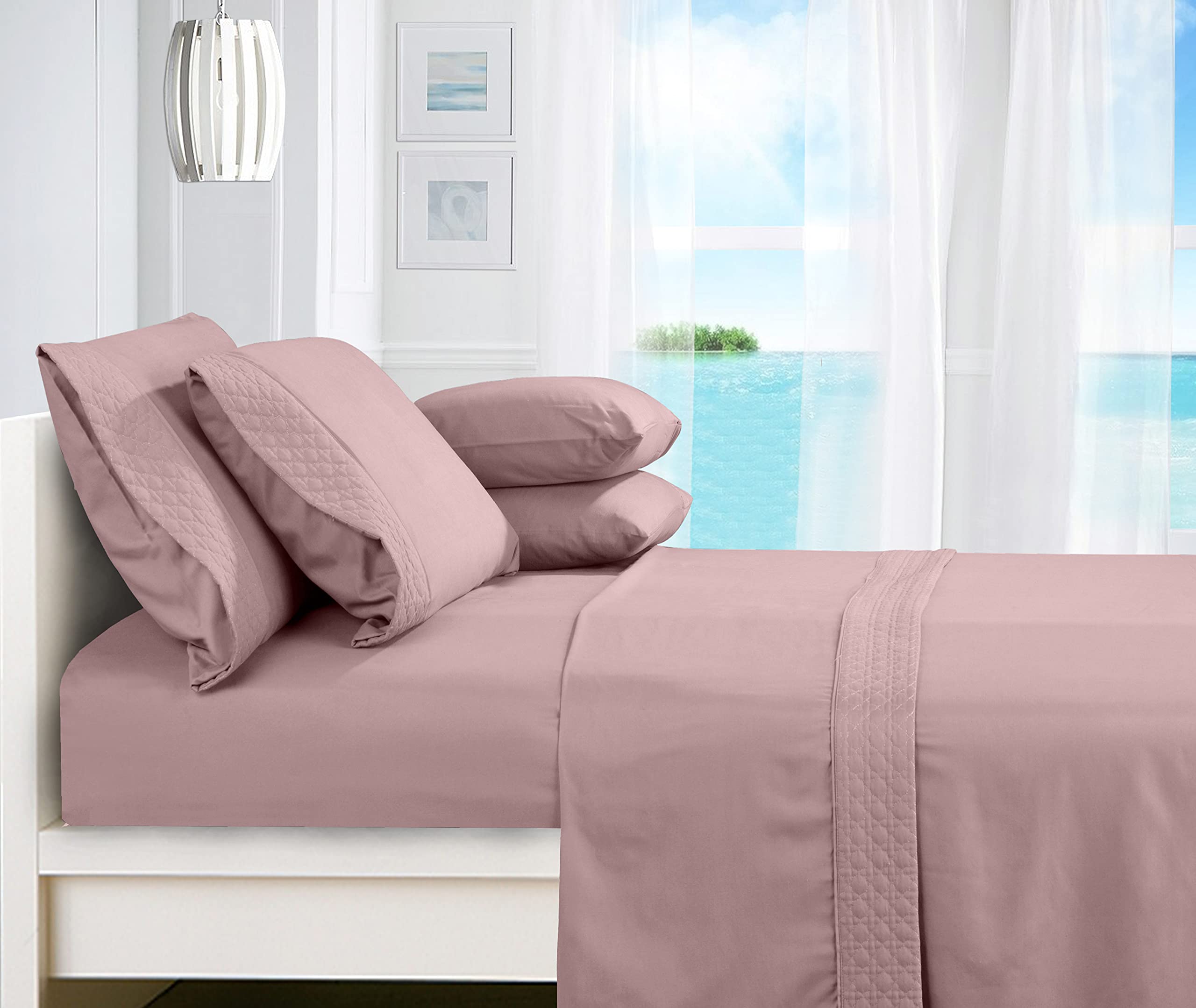 Elegant Comfort - Juego de sábanas Suave y Acogedor, 4 Piezas, 1500 Hilos, Calidad egipcia, Resistente a Las Arrugas, diseño Acolchado en sábana encimera y Fundas de Almohada, Queen, Rosa Polvoriento