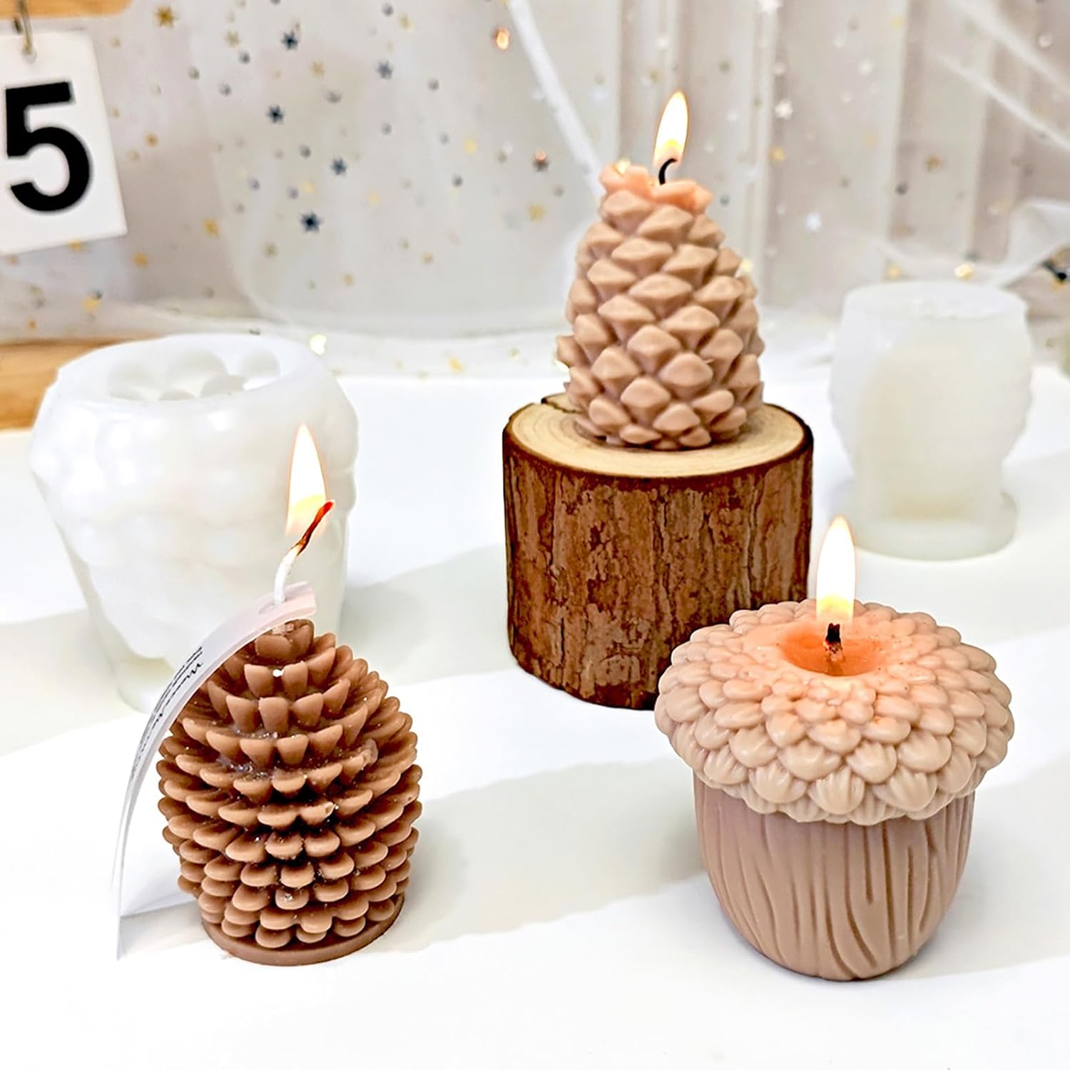 Buachois 4PCS Christmas Candle Molds,Christmas Pinecone Candle Mould,3D Christmas Pinecone Shape Candle Mould,Xmas Theme Silicone Concrete Mould DIY Supplies Ornament Mold