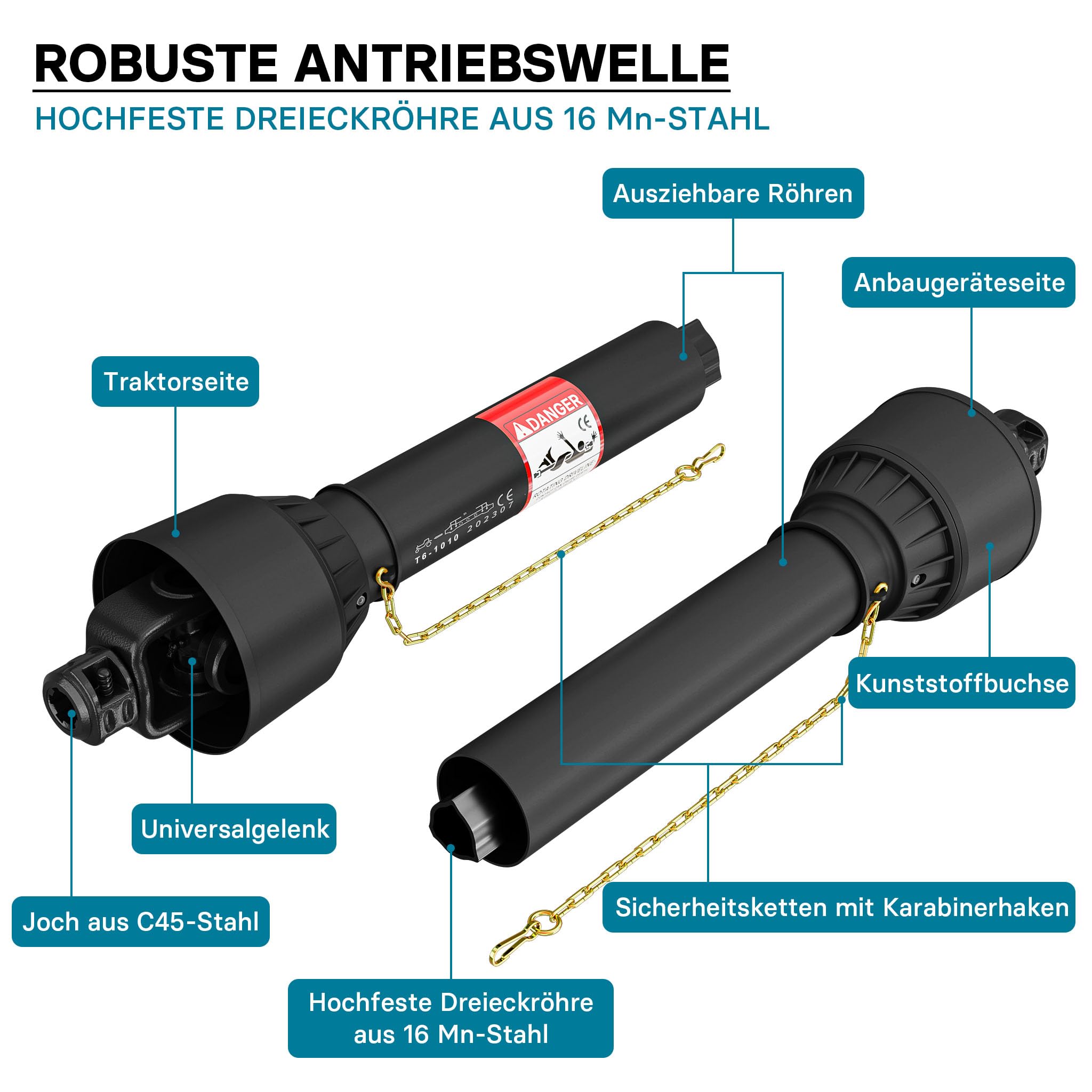 Wiltec Zapfwelle T6 Gelenkwelle 1010-1111mm 830Nm 540U/min, PTO-Shaft, 74kW (100PS), 2X 1 3/8" 6 Zähne