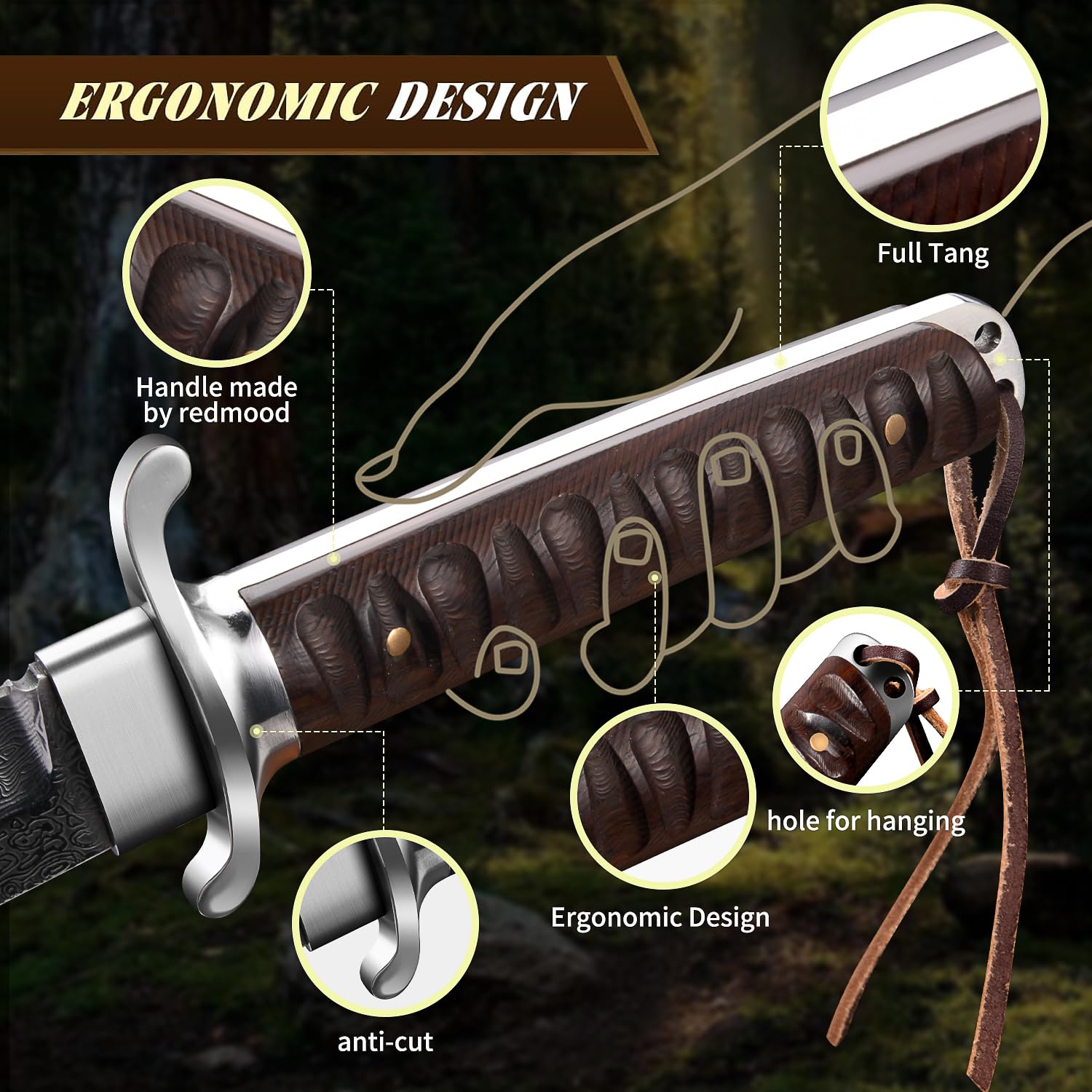 XTL Jagdmesser Outdoormesser, Japanisches Damast Tantomesser mit Scheide, Full Tang Tanto Survivalmesser, Outdoor Camping Buschmesser, Geschenk für Männer