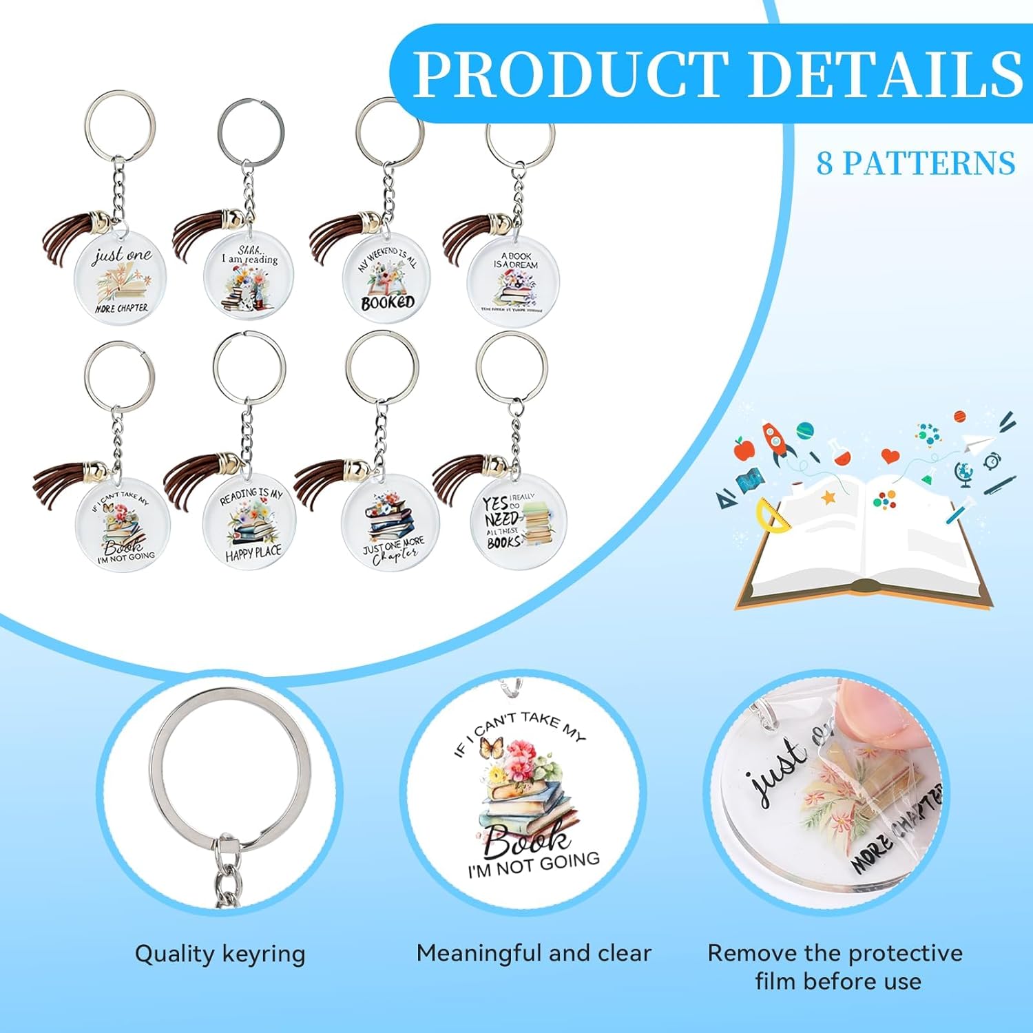 32PCS Book Club Gifts Book Lover Gifts Acrylic Keychains, Bookish Keychains Bulk with Tassel,Reading Accessories Party Favors Gift for Books Lover Women Bookworm Librarian - Image 2