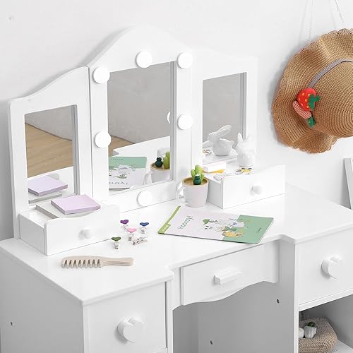 Miniatura 10 de GAOMON Tocador para niños, mesa de tocador para niñas con espejo de tres pliegues, luz, taburete y cajón, 2 en 1 de madera de princesa, tocador para