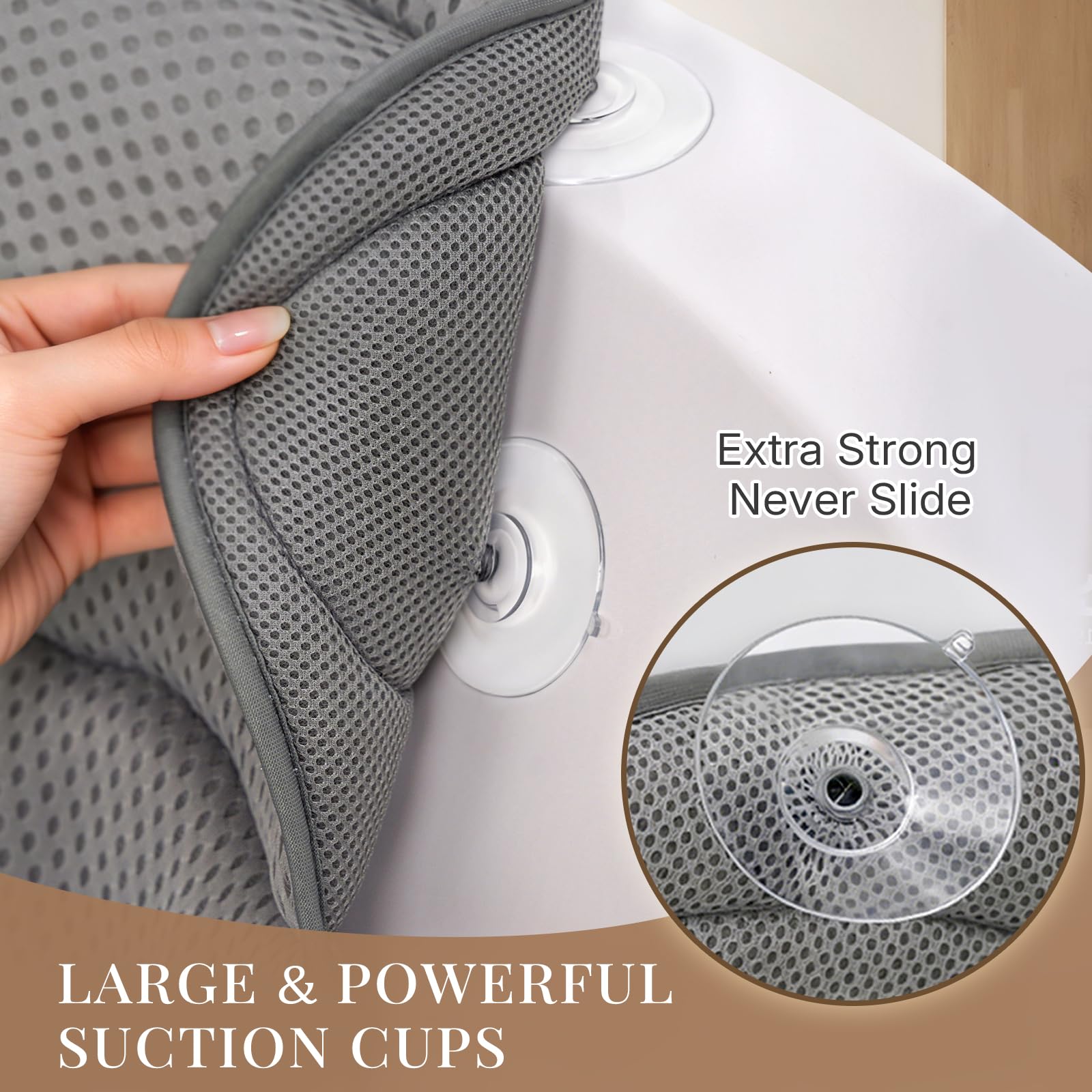 Bath Pillow Bathtub Pillow, Luxury Bath Pillows for Tub Neck and Back Support, Bath Tub Pillow Headrest with Soft 4D Mesh Fabric and Non-Slip Suction Cups, Relaxing Bath Accessories Spa Gifts: Gray