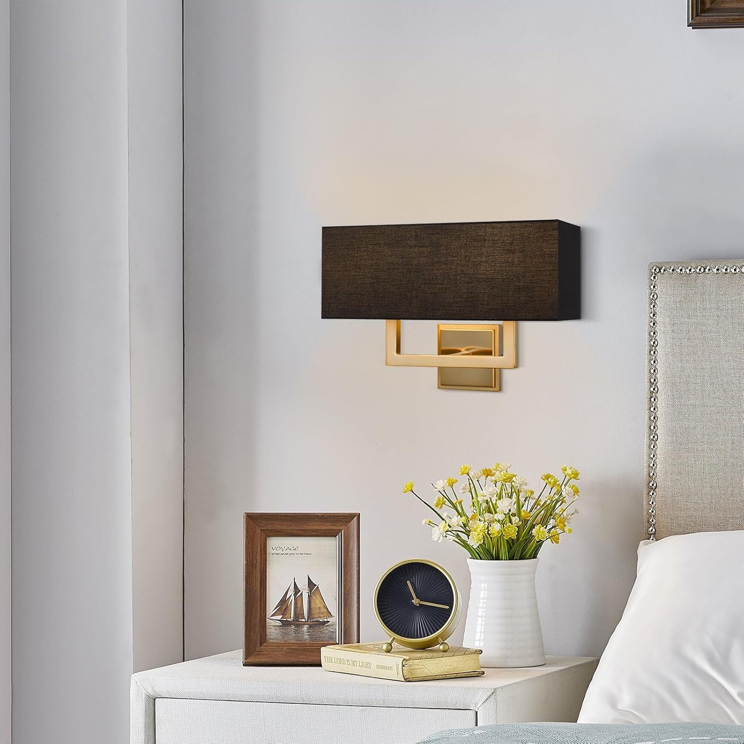 Kira Home Haven 16" 2-Light Modern Wall Sconce/Wall Light + Rectangular Black Fabric Shade, Cool Brass Finish