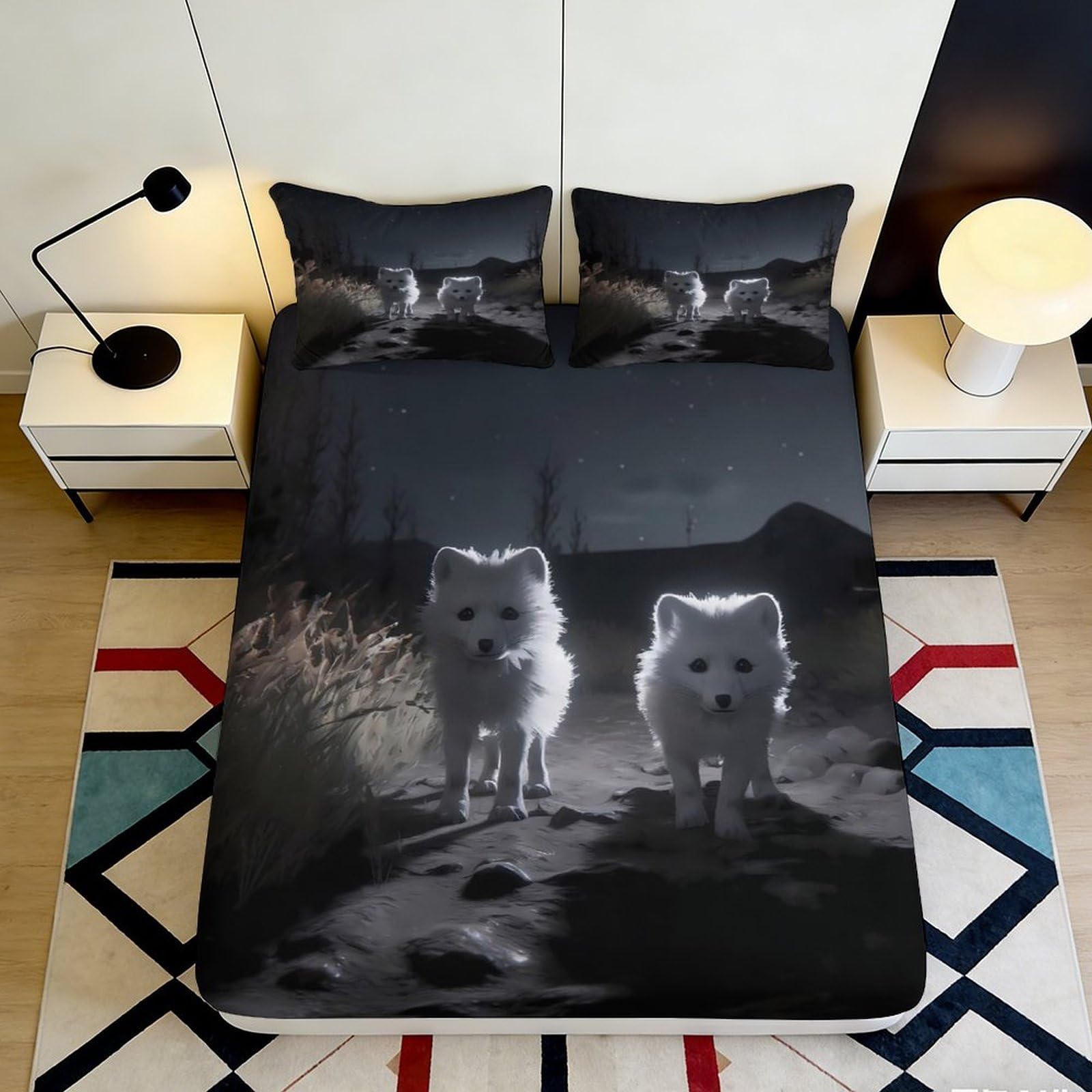 3D Printed Night Wolves Fitted Sheet Microfiber Soft Black Forest Bed Cover for Bedroom Guest Room Decor 90x200x25cm