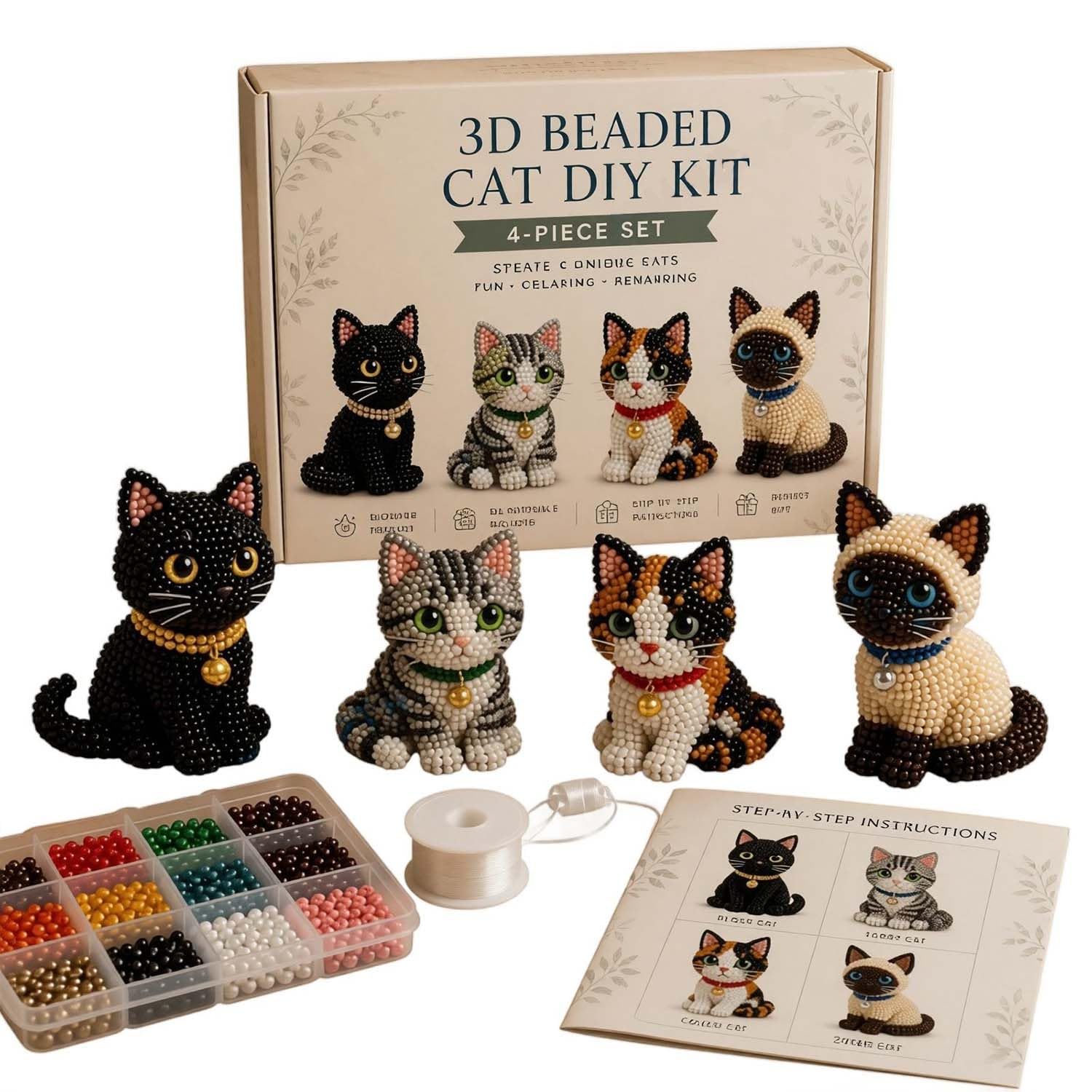 YUNFAN Tiny 3D Beaded Animal DIY Kit,Cute Bird & Animal Beading Craft Set, Handmade Creative Jewelry Art Craft Kit with Colorful Bead and Instructions,4 Cute Desig,for Adults,Beginners (Cat)