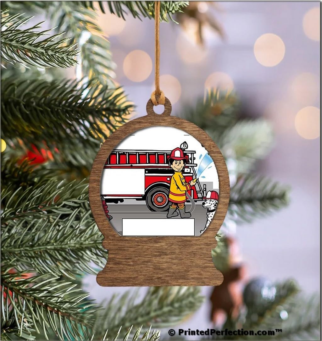 PrintedPerfection.com Personalized Fire Fighter - Male Wooden Snow Globe Shaped Christmas Ornament