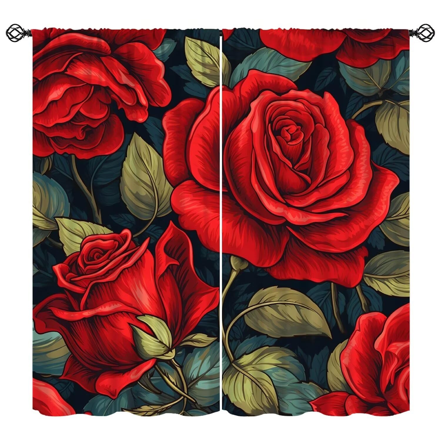 Moderw Rose Curtains, Romantic Floral Blossom Red Rose Flower Window Treatments Vintage Black and Red Blackout Drapes for Bedroom Living Room Home Decor W55xL63in