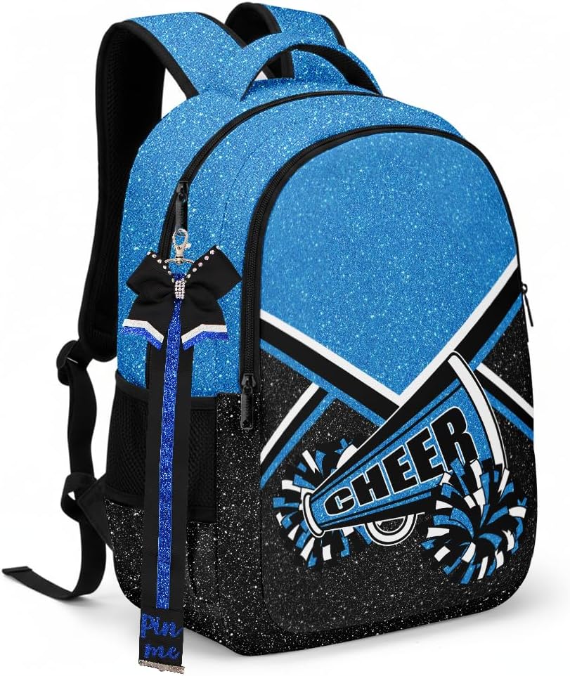 Cheer Backpack with Ribbon Keychain, Glitter Cheerleading Backpack for Women, Cheerleader Gifts (Blue)