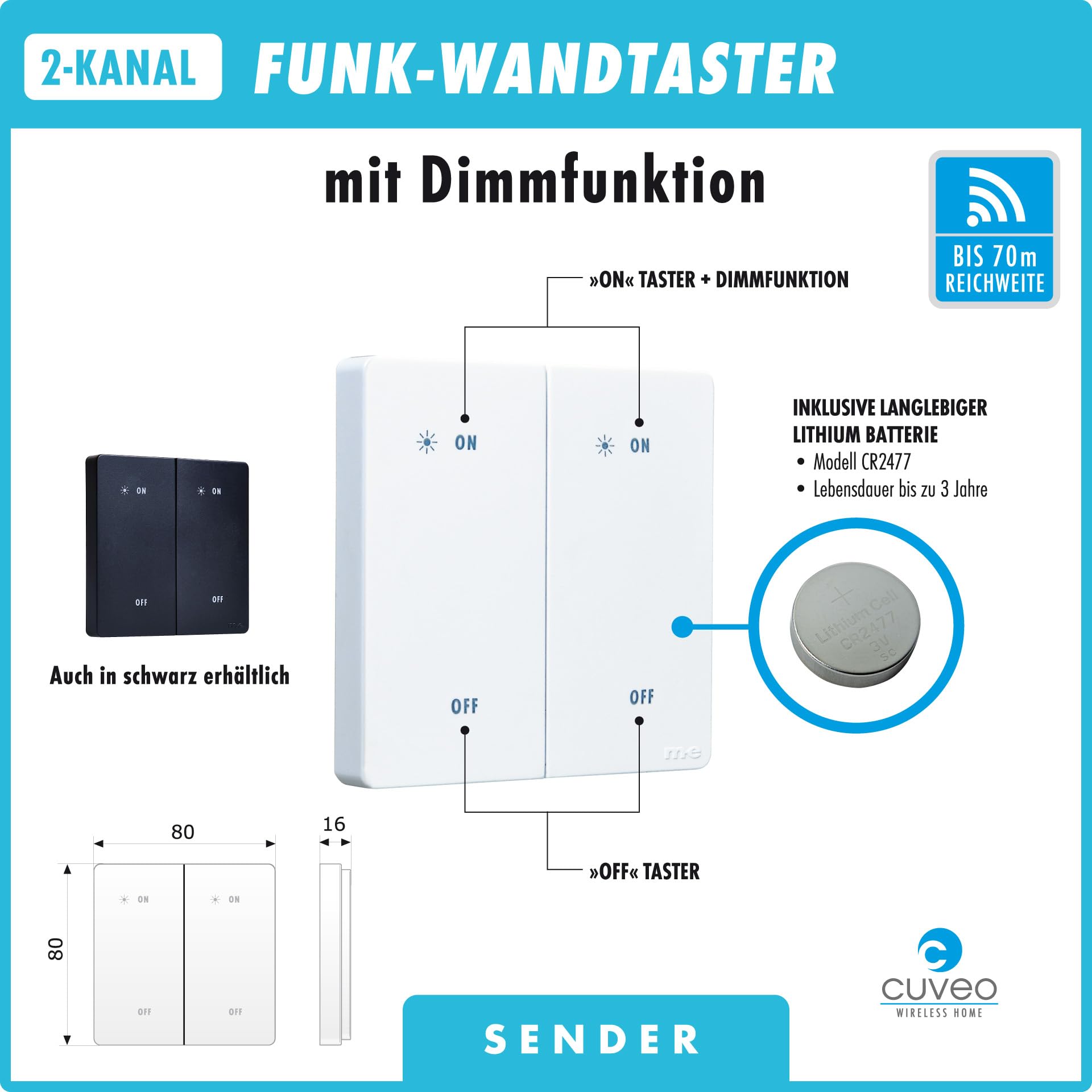 Cuveo Starterset-15-W Funksteckdosen-Set mit Funk-Wandtaster, Funksteckdose mit Schalter kabellos, 70 Meter Reichweite, Funk-Steckdose und 2-Kanal Wandschalter für Haus und Garten, Farbe Weiß