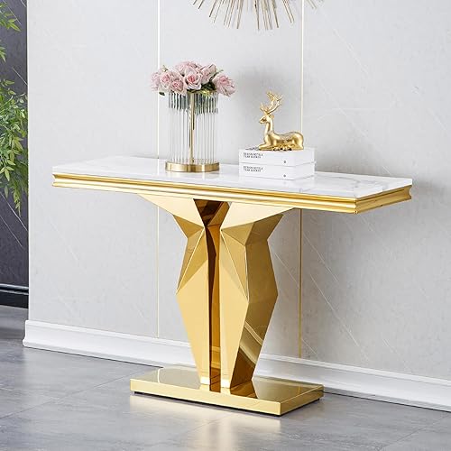 Vista 3 de Henf Mesa consola de mármol sintético, mesa de entrada de mármol blanco de lujo con base de acero inoxidable con espejo dorado, elegante mesa