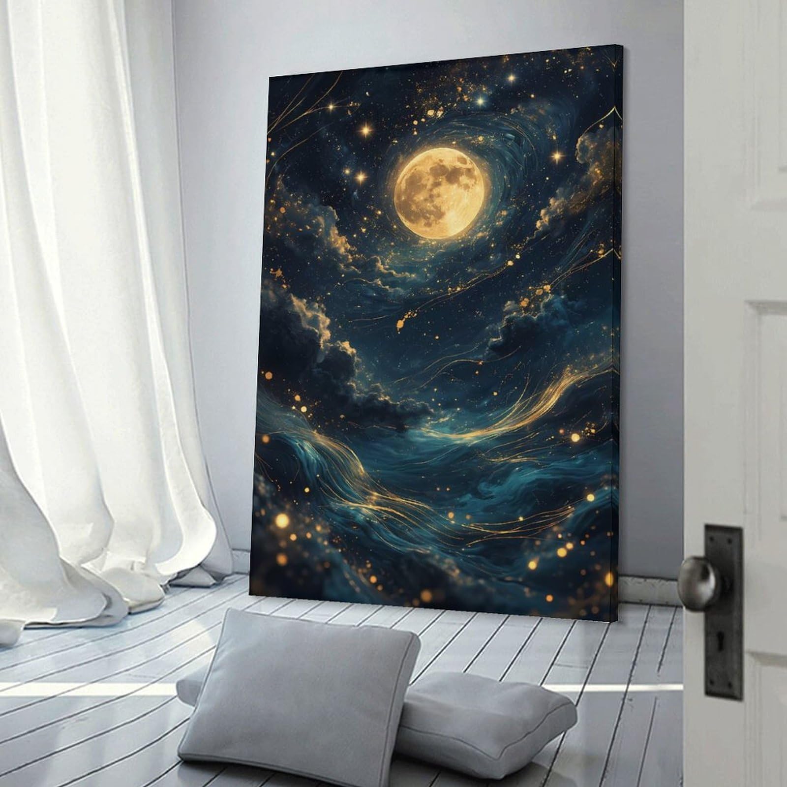 Junmoney Celestial Moon And Stars Canvas Art Print 20x30inch(50x75cm), for Entrance Spaces, Stair Walls Or Halls, Wall Decor to Refresh Empty Corners