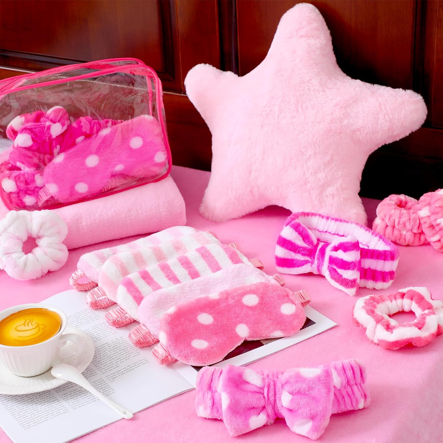 48 Pieces Sleepover Party Supplies for Girls 6 Pink Spa Headband 6 Eye Mask 6 Towels 6 Throw Pillows 6 Wrist Bands 6 Blankets 6 Hair Scrunchies 6 Toiletry Bags for Spa Sleepover Slumber Party