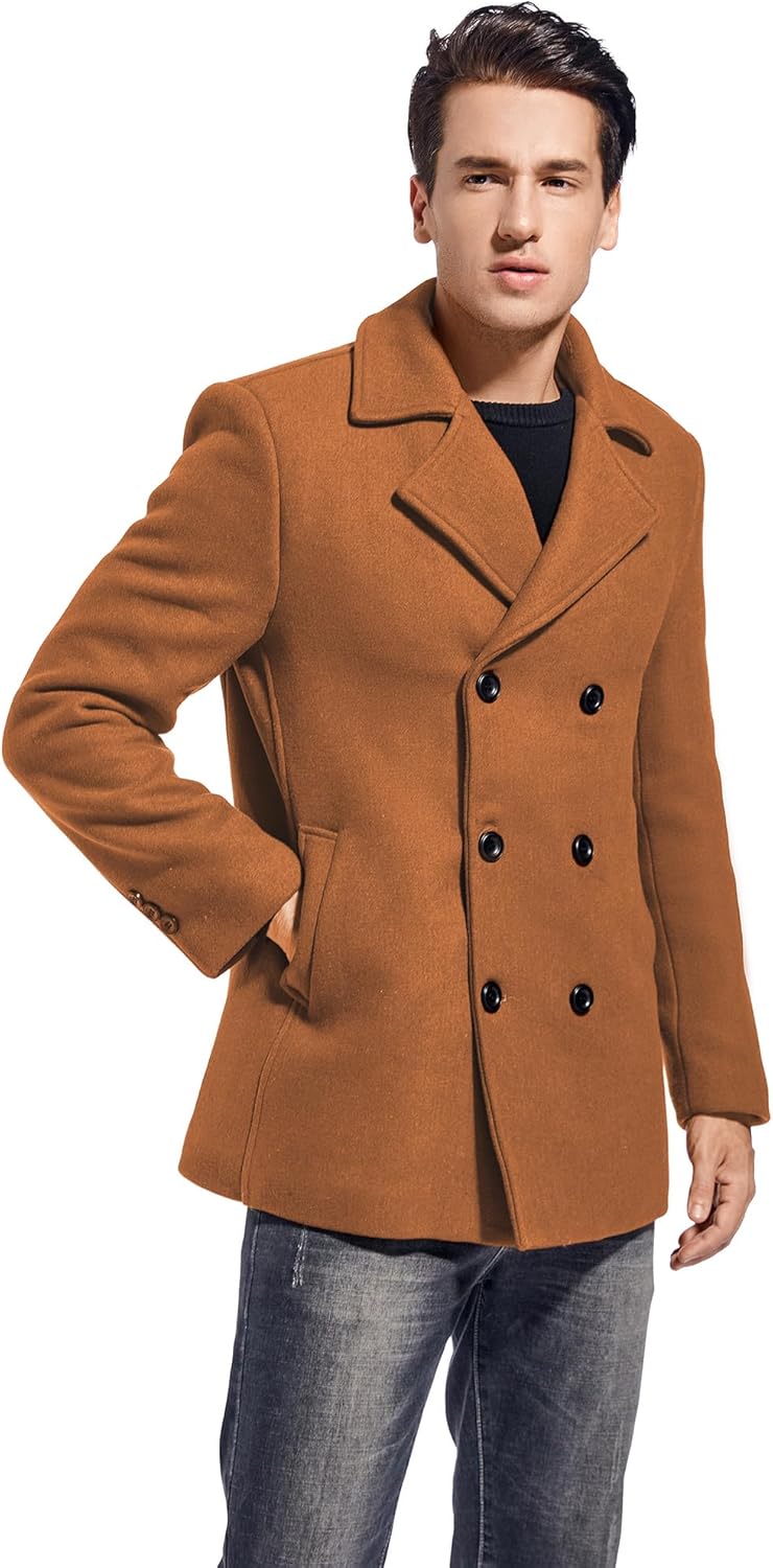 FTCayanz Men's Winter Pea Coat Slim Fit Trench Coats Double Breasted Warm Wool Blend Overcoat