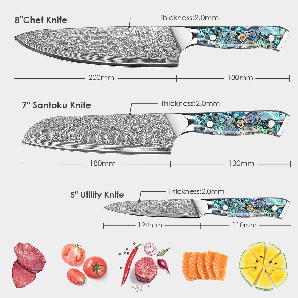 KEENZO 3PCS Kitchen Knife Set,Professional kitchen knives with 8" Chef knife,7" Santoku knife,5" Utility Knife,Japanese Hand Forged Damascus Steel Cooking knife set,Ergonomic Abalone Shell Handle — Amazon image 2