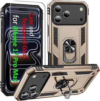 i Phone 17 Pro Max Case, for iPhone 17 Pro Max Case with Tempered Glass Screen Protector, Adjustable Kickstand Ring, Military-Grade Heavy Duty Protection, Shockproof, Anti-Fingerprint,Gold