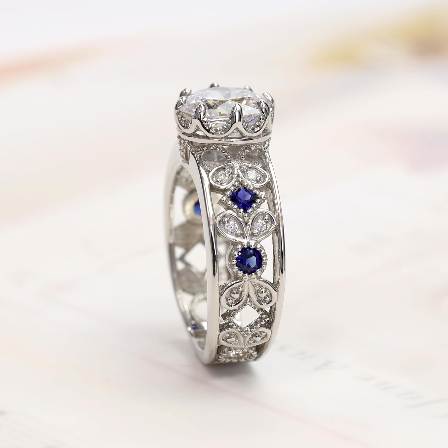 925 Sterling Silver Wedding Ring 2 Carat Octagon Cut CZ Stone Simulated Blue Sapphire CZ Accent Filigree Vintage Engagement Ring (Size 5 to 9)