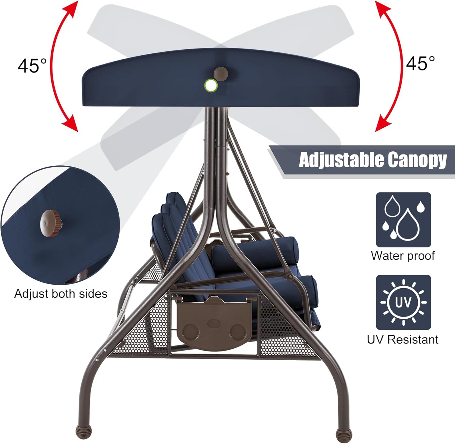 GYUTEI 3-Seat Outdoor Porch Swing with Adjustable Canopy, Convertible 2-in-1 Patio Swing Bed with Heavy Duty Stand, Glider Chair Hammock with Cup Holders & Removable Cushions＆Pillows,Blue