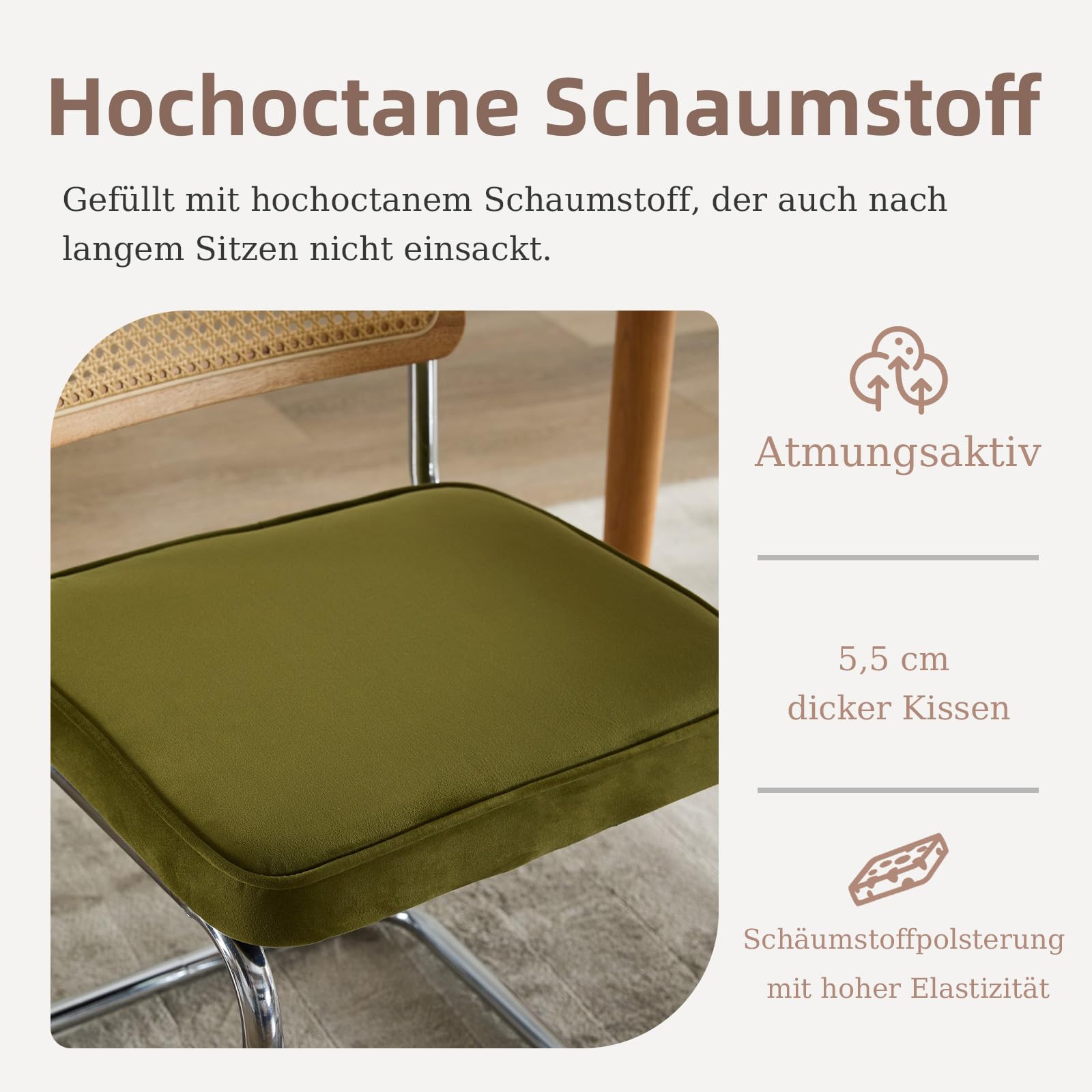 SoarFlash Mid-Century Moderne Esstühle, Handgewebte Rattanlehne, Cantilever-Struktur aus Verchromtem Stahl, Weiches Samtpolster, Set aus 2, Grün