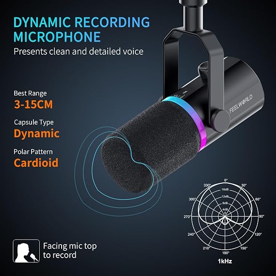 FEELWORLD PM1 XLR USB Dynamic Microphone with Boom Arm Stand Gifts for Podcast Recording PC Computer Gaming Live Streaming Vocal Voice-Over, Studio Metal Mic, RGB Light, Mute Button, Headphones Jack