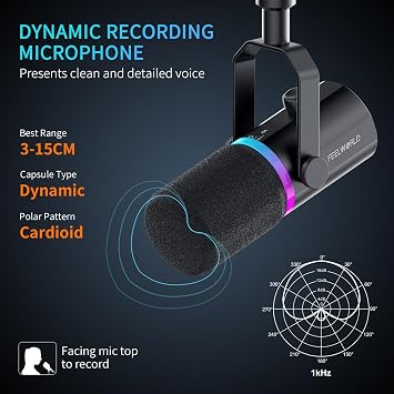 FEELWORLD PM1 XLR USB Dynamic Microphone with Boom Arm Stand Gifts for Podcast Recording PC Computer Gaming Live Streaming Vocal Voice-Over, Studio Metal Mic, RGB Light, Mute Button, Headphones Jack