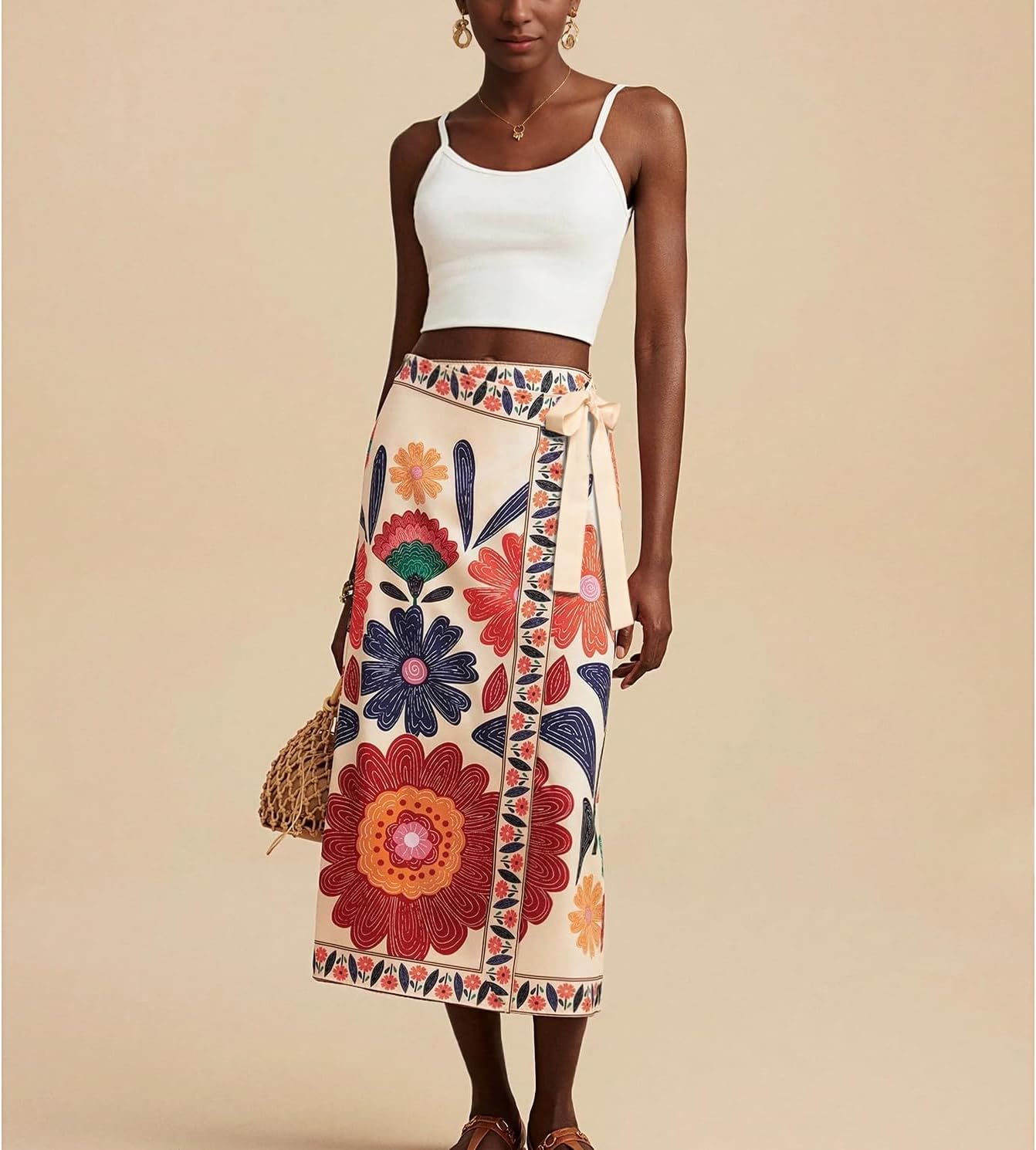 Womens Floral Wrap Midi Skirt Summer Adjustable Tie Side Casual High Waist A Line Beach Boho Long Flared Skirts - Image 3