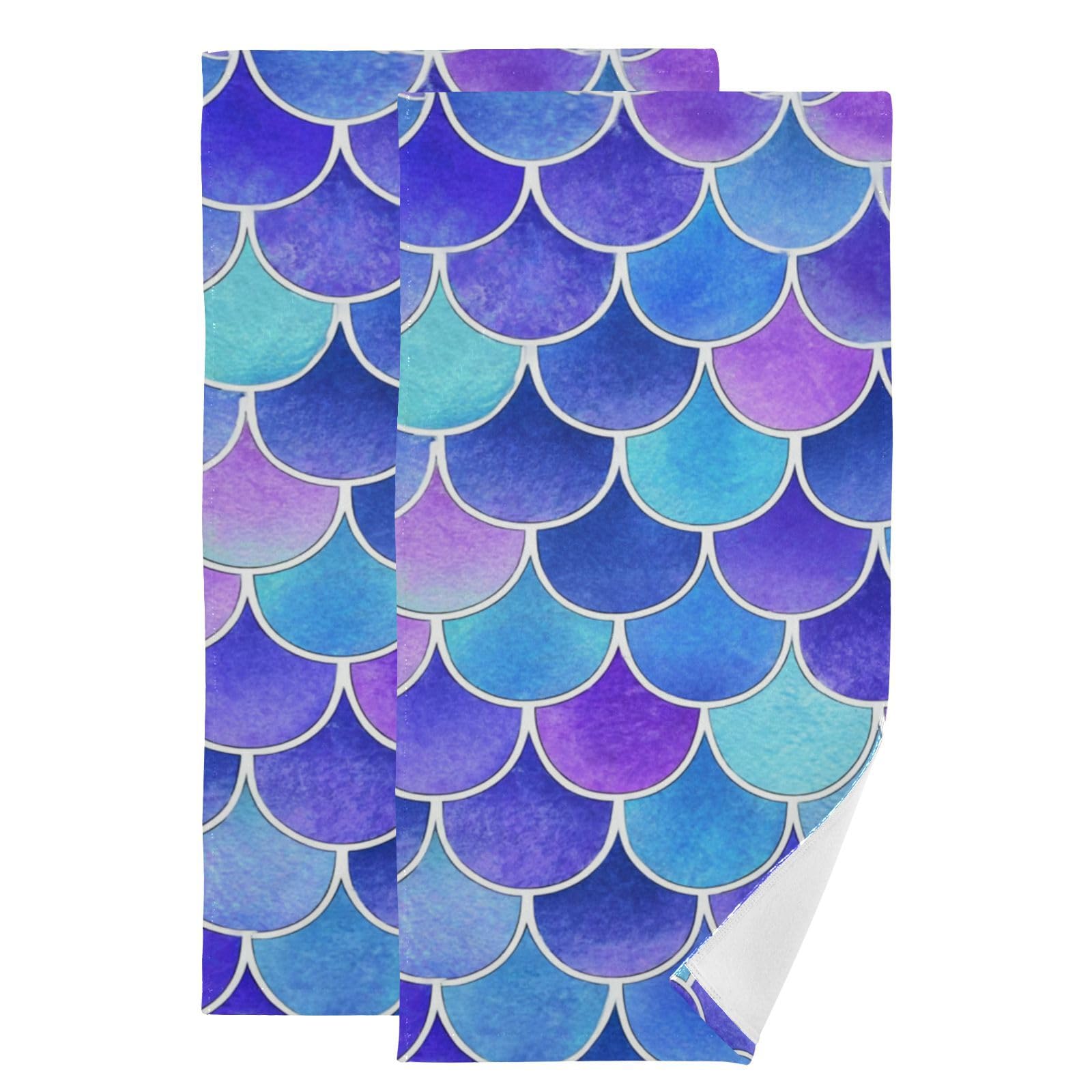 Vdsrup Mermaid Scales Hand Towels Magic Fish Scale Towel Set of 2 Rainbow Small Bath Towels Soft Guest Face Towel Bathroom Decorations Thin Kitchen