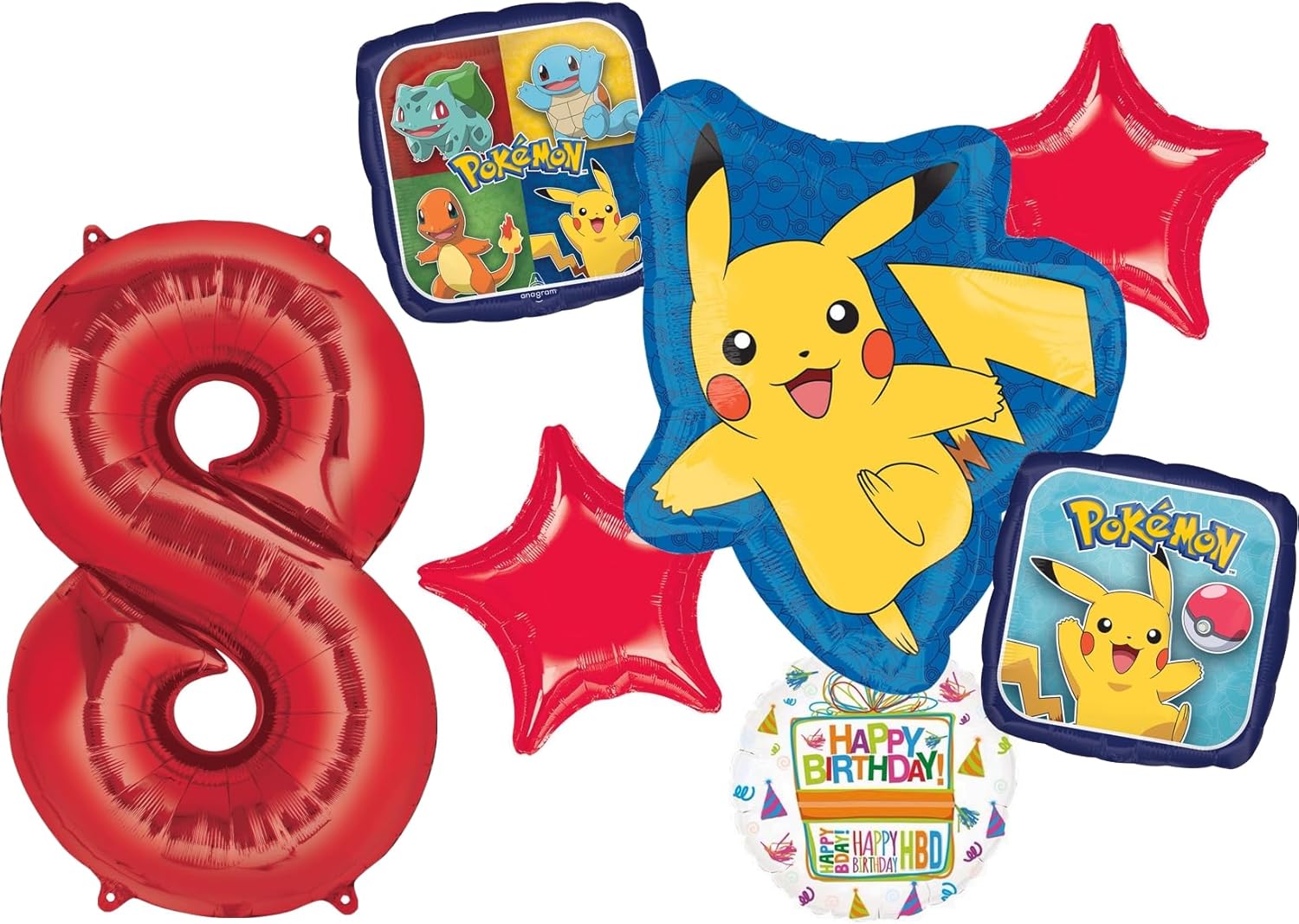 Anagram 8th Birthday Party Supplies 7pc Pikachu Foil Balloon Bouquet Decorations
