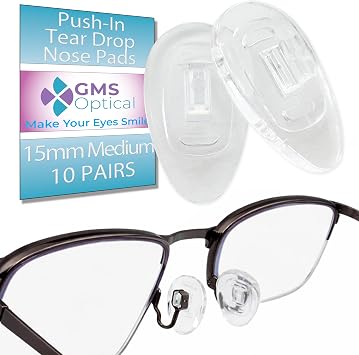 GMS Optical Push in Silicone Nose Pads for Glasses | 15mm Medium, 8.2mm Wide Width | Non Slip Nose Grips, Eyeglass Accessories for Glasses & Sunglasses, Provides Comfort & Stability 10 Pairs, Clear