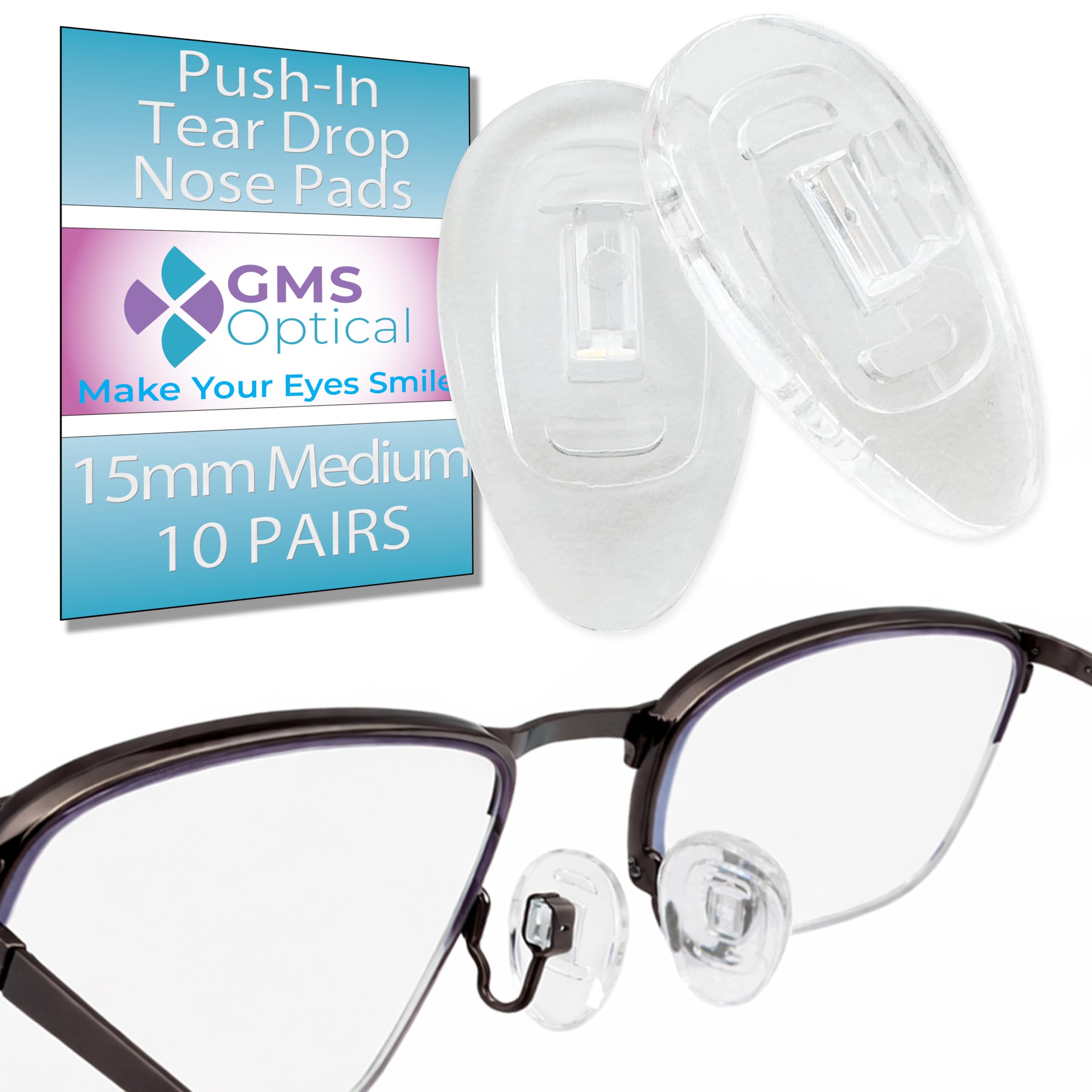 GMS Optical Push in Silicone Nose Pads for Glasses | 15mm Medium, 8.2mm Wide Width | Non Slip Nose Grips, Eyeglass Accessories for Glasses &